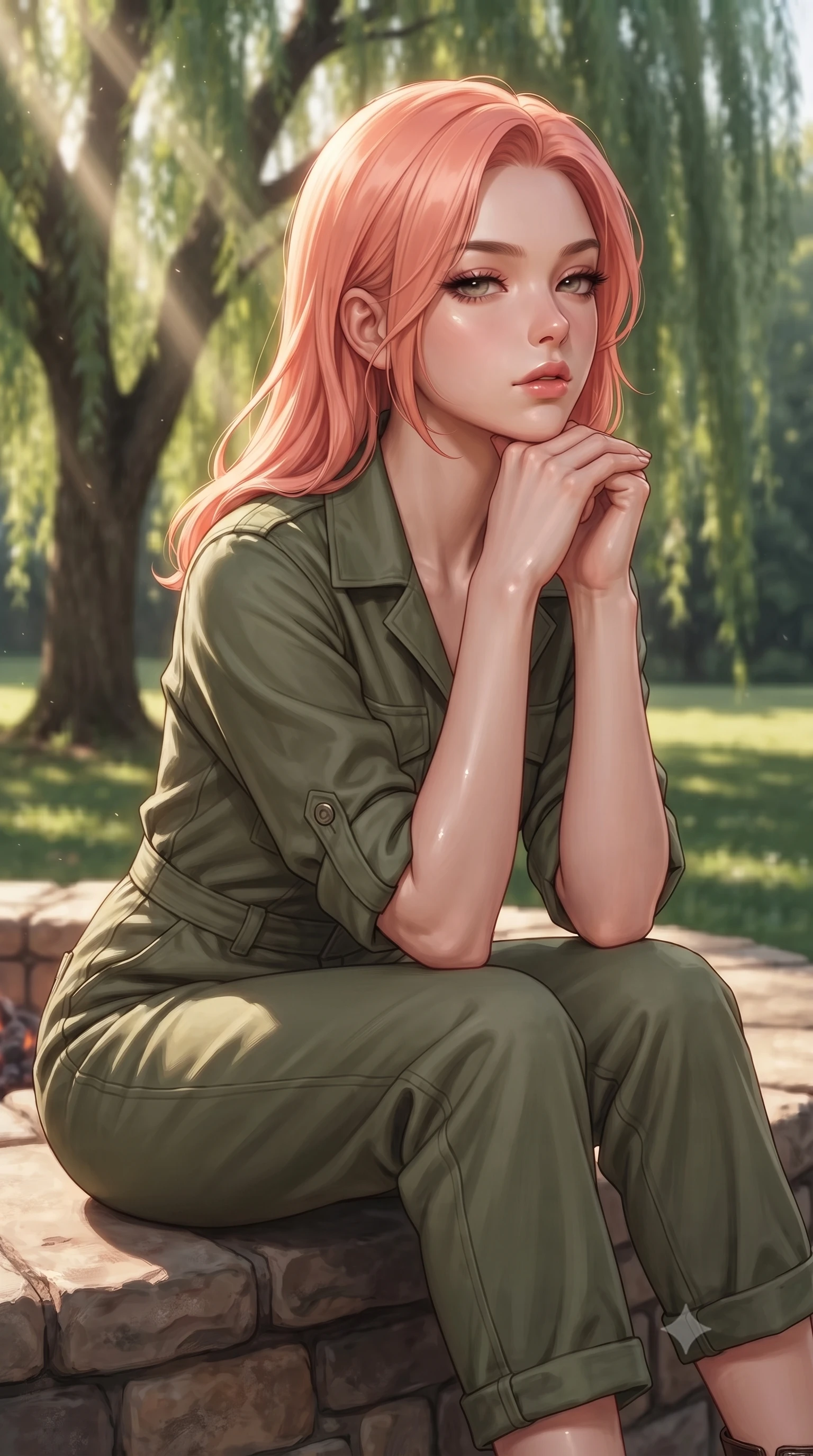 score_9, masterpiece, best quality, ultra-detailed, high-budget anime keyframe, editorial fashion photography, tasteful artistic composition, Japanese woman. close-up cowboy shot from the waist and thighs up, the character dominates the composition, filling the frame with her large presence, background elements kept in soft focus. resting her chin on the backs of her fingers, casting a heavy-lidded, sultry look past the camera the background shows a soft-focus a rustic stone fireplace deck under a large weeping willow tree in a private park. She has an exceptionally elegant, slender, and willowy female figure with an ultra-slim waist, a gracefully sculpted slender torso, and a refined silhouette. sharp v-shaped jawline, high-bridge nose, intricate jewel-like eyes with depth, thick eyelashes, glossy lips with a natural sheen. wearing a form-contouring comfortable olive green cotton utility jumpsuit with a structured collar and rolled-up sleeves. dappled sunbeams filtering through the willow leaves onto the grass. ultra-reflective glossy finish, specular highlights, metallic sheen, high-contrast stereoscopic depth, volumetric dynamic lighting, 2k, ultra detail, master piece, 9:16 ratio