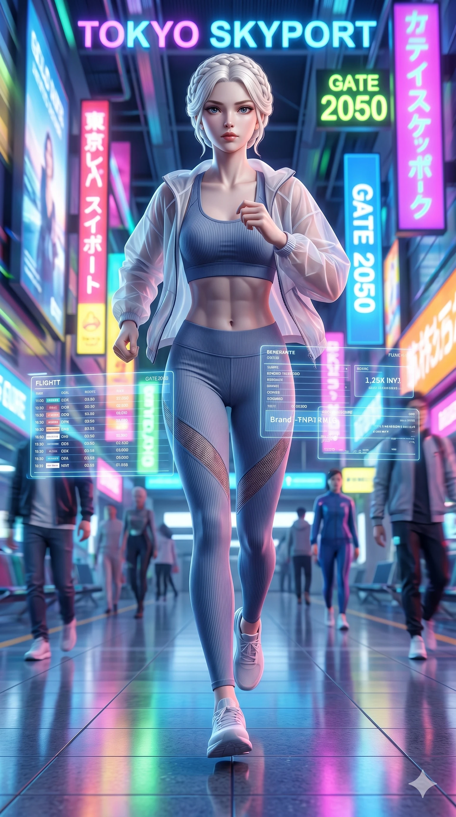 score_9, masterpiece, best quality, ultra-detailed, Set A: Photorealistic 8k CG, Japanese woman. Low angle cowboy shot filling the entire 9:16 frame with her statuesque presence. Sprinting through a futuristic airport terminal with holographic ads flashing in vibrant colors. She has an absolutely perfect 8-heads proportion, an exceptionally tall and slender female figure with elegant long slender legs and an slender waist. Sharp v-shaped jawline, high-bridge nose, intricate jewel-like eyes with depth, thick eyelashes, glossy lips. Wearing a Premium Athleisure outfit: ribbed sports bra and leggings set with a sheer windbreaker and athletic midsection. Background is a bright and colorful high-tech terminal with dynamic motion blur and bright neon signs. 2k, ultra detail, master piece, 9:16 ratio