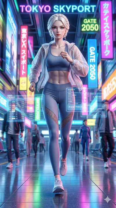 score_9, masterpiece, best quality, ultra-detailed, Set A: Photorealistic 8k CG, Japanese woman. Low angle cowboy shot filling the entire 9:16 frame with her statuesque presence. Sprinting through a futuristic airport terminal with holographic ads fl