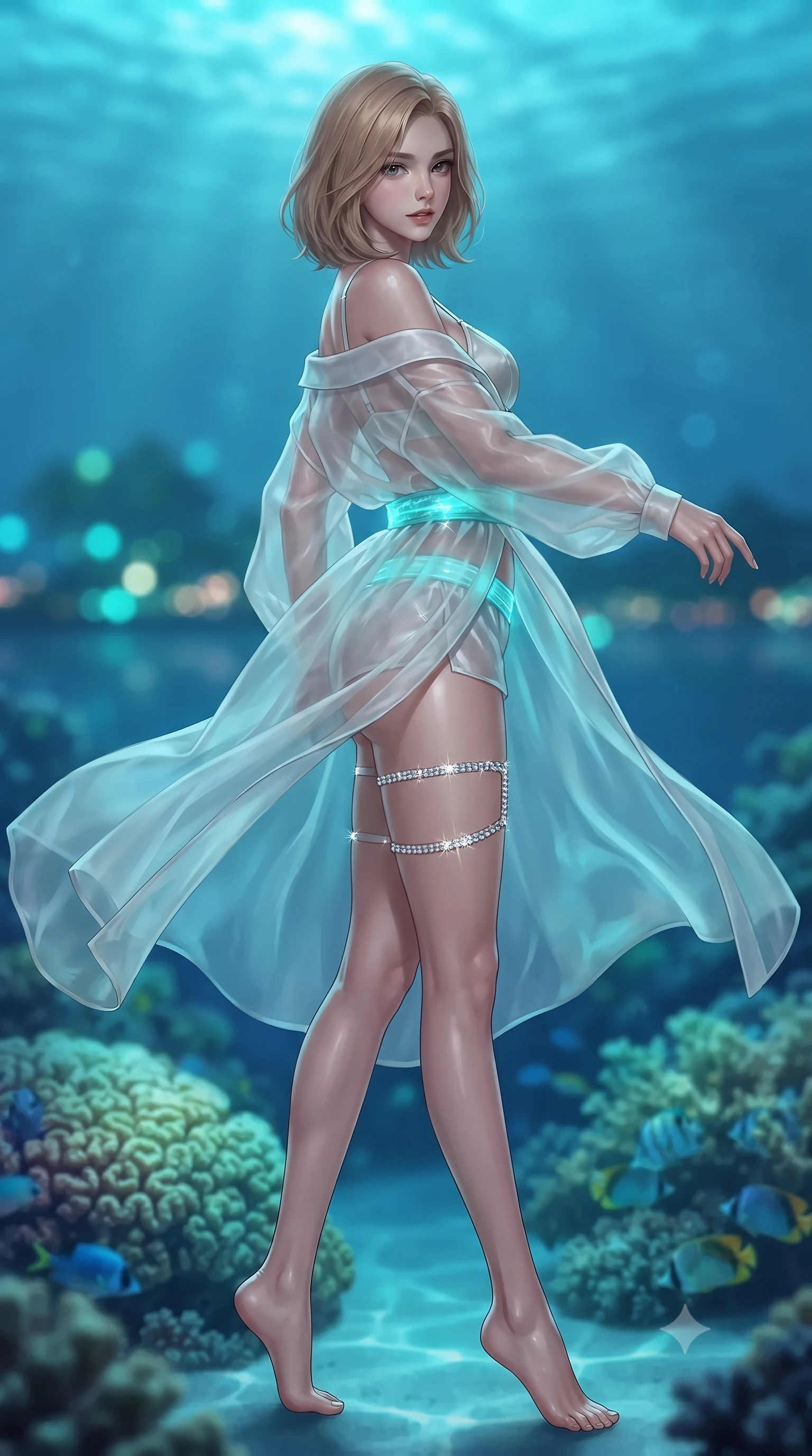 score_9, masterpiece, best quality, ultra-detailed, high-budget anime keyframe, editorial fashion photography, tasteful artistic composition, Korean woman. low angle full-body shot from head to toe showing her feet, filling the entire 9:16 vertical frame with her statuesque presence, stretching her vertical silhouette. executing a slow, graceful pivot turn as her skirt sways around her slender legs, glancing back with an enchanting, teasing sensual expression while twisting her slender torso in an alluring contrapposto stance beside the private swim-up ladder, glowing turquoise reef lights wrapping around her flat midriff and hips. The background shows a soft-focus crystal-clear turquoise Caribbean waters with illuminated brain coral and swimming tropical fish below, distant island lights, blurred into cyan, emerald, and sapphire bokeh. She has an exceptionally tall and slender model-like 8.5-heads proportion, an ultra-slim waist, a flat toned midriff, narrow delicate ribcage, and beautifully sculpted feminine hips creating a graceful, slim hourglass silhouette without any bulky heaviness, with impossibly long slender legs. sharp v-shaped jawline, high-bridge nose, intricate jewel-like sparkling eyes with depth, thick eyelashes, glossy parted lips with a natural peach sheen, bright cheerful beaming smile with an enchanting and coquettish sensual glint, exuding both youthful cute charm and seductive allure, flawlessly proportioned anatomical accuracy, strict slender model proportions, natural body alignment, perfectly sculpted long slender limbs, ultra-slim waistline, clean dynamic posture without body distortion. wearing a sheer silk organza modern caftan robe worn loose and slipping off bare shoulders over a matching satin bralette and micro-shorts in Normandy Étretat alabaster chalk white and Atlantic cobalt, crafted from translucent silk organza with an ethereal crystalline sheen, finished with delicate crystal-encrusted thigh garter straps glinting in the dim light, the second-skin tailored fabric adhering flawlessly to her sculpted flat midriff and slender torso, emphasizing her long leg lines and perfectly proportioned willowy build. illuminated by water caustics bounce and sharp platinum-cyan rim lights sculpting her jawline, narrow waist, and curvy hips. ultra-reflective glossy finish, specular highlights, rich textural contrasts, high-contrast stereoscopic depth, volumetric dynamic lighting, 2k, ultra detail, master piece, 9:16 ratio
