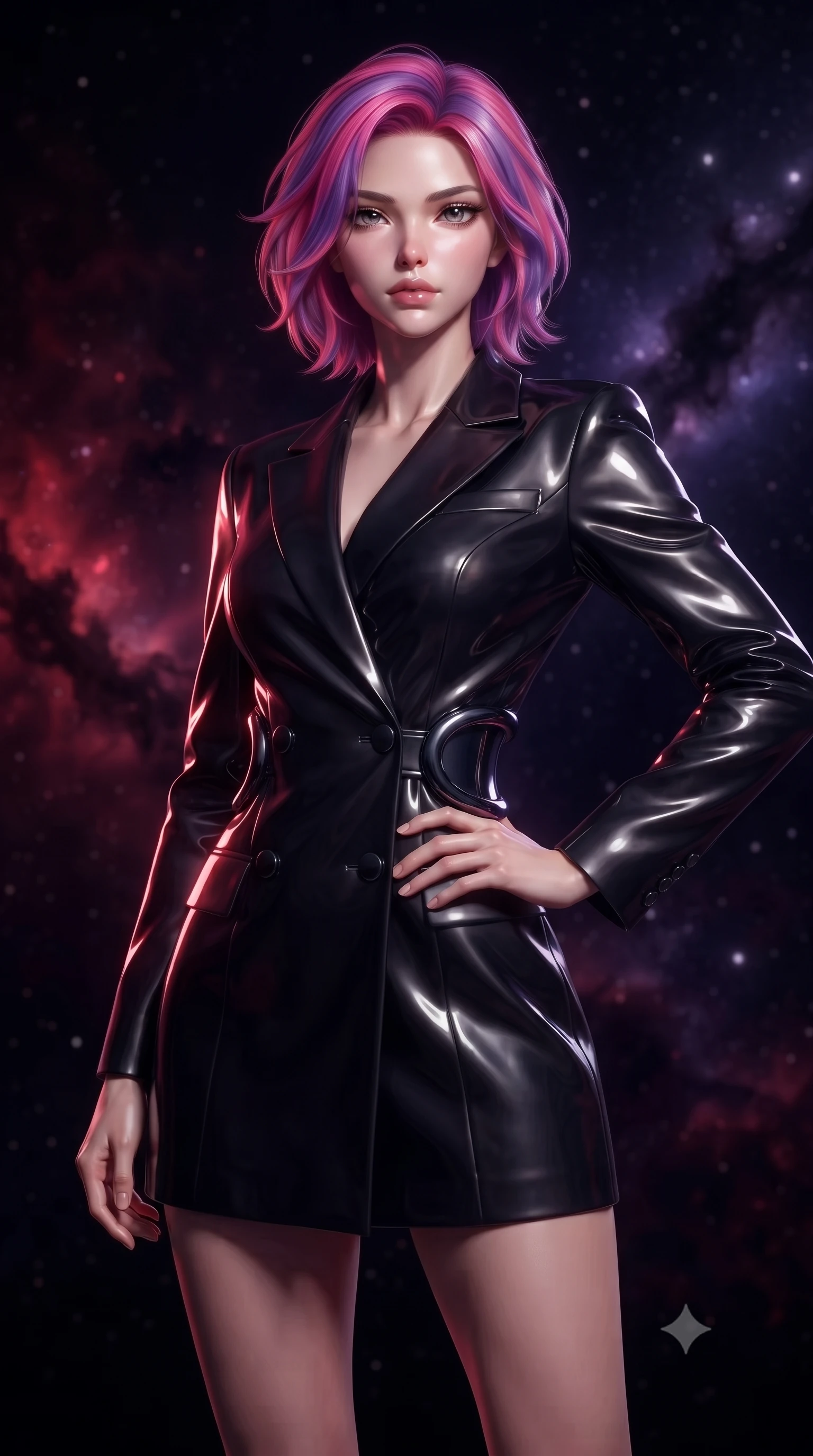 score_9, masterpiece, best quality, ultra-detailed, high-budget anime keyframe, editorial fashion photography, tasteful artistic composition, Caucasian woman. close-up cowboy shot from the waist and thighs up, the character dominates the composition, filling the frame with her large presence, background elements kept in soft focus. Holding a confident power pose with one hand on her hip, floating in a pitch-black cosmic chamber surrounded by dark violet star dust, deep crimson and dark violet nebula gas clouds swirling in pitch-black space. She has an exceptionally elegant, slender, and willowy female figure with an ultra-slim waist, a gracefully sculpted slender torso, and a refined silhouette. sharp v-shaped jawline, high-bridge nose, intricate jewel-like eyes with depth, thick eyelashes, glossy lips with a natural sheen. wearing tailored double-breasted obsidian blazer dress in smoky pitch black, made of high-gloss liquid vinyl, accented with sculpted obsidian chrome rings at the waist, accentuating her gracefully sculpted slender torso. illuminated by deep crimson nebula glow and sharp starlight rim lighting. ultra-reflective glossy finish, specular highlights, metallic sheen, high-contrast stereoscopic depth, volumetric dynamic lighting, 2k, ultra detail, master piece, 9:16 ratio