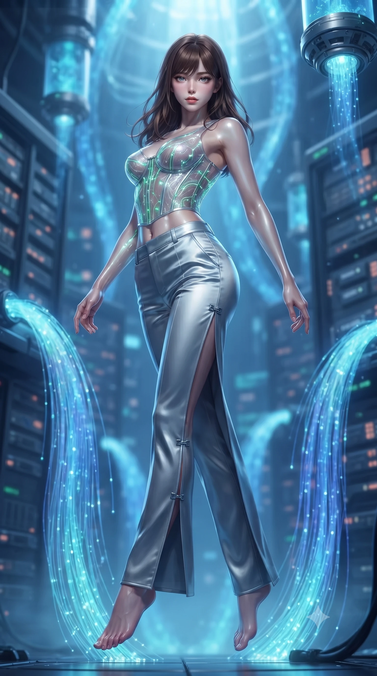 score_9, masterpiece, best quality, ultra-detailed, high-budget anime keyframe, editorial fashion photography, tasteful artistic composition, Korean woman. low angle full-body shot from head to toe showing her feet, filling the entire 9:16 vertical frame with her statuesque presence, stretching her vertical silhouette. pivoting dynamically in mid-motion with a breathtakingly alluring posture, displaying her flawless model proportions, toned flat midriff, and ultra-slim waist while floating weightlessly in the heart of a quantum supercomputer chamber surrounded by cascading bioluminescent fiber-optic waterfalls. The composition keeps background elements in soft focus with creamy bokeh. supercomputer processor towers and hovering cryo-nodes softened in dreamy atmospheric depth. She has an absolutely perfect, statuesque 8.5-heads proportion, an exceptionally tall and slender model-like female figure with impossibly long slender legs, a toned flat midriff, and an ultra-slim waist. sharp v-shaped jawline, high-bridge nose, intricate jewel-like eyes with depth, thick eyelashes, glossy lips with a natural sheen, flawlessly proportioned anatomical accuracy, strict slender model proportions, natural body alignment, perfectly sculpted long slender limbs, ultra-slim waistline, clean dynamic posture without body distortion. wearing a structured translucent cyber-corset paired with tailored high-fashion satin trousers that sharply cinch her ultra-slim waist in radiant emerald green circuit lines and polished silver sheen, crafted from delicate iridescent organza interwoven with luminescent micro-fibers, finished with an ultra-high side slit secured by miniature magnetic clasps, the glove-like aerodynamic second-skin fit tightly clinging to her ultra-slender waist and athletic curves without adding bulk, accentuating her razor-sharp statuesque lines and slim hourglass silhouette. bathed in glowing electric sapphire and cyan data stream illumination with rich ambient blue fill. ultra-reflective glossy finish, specular highlights, dark metallic sheen, high-contrast stereoscopic depth, volumetric dynamic lighting, 2k, ultra detail, master piece, 9:16 ratio