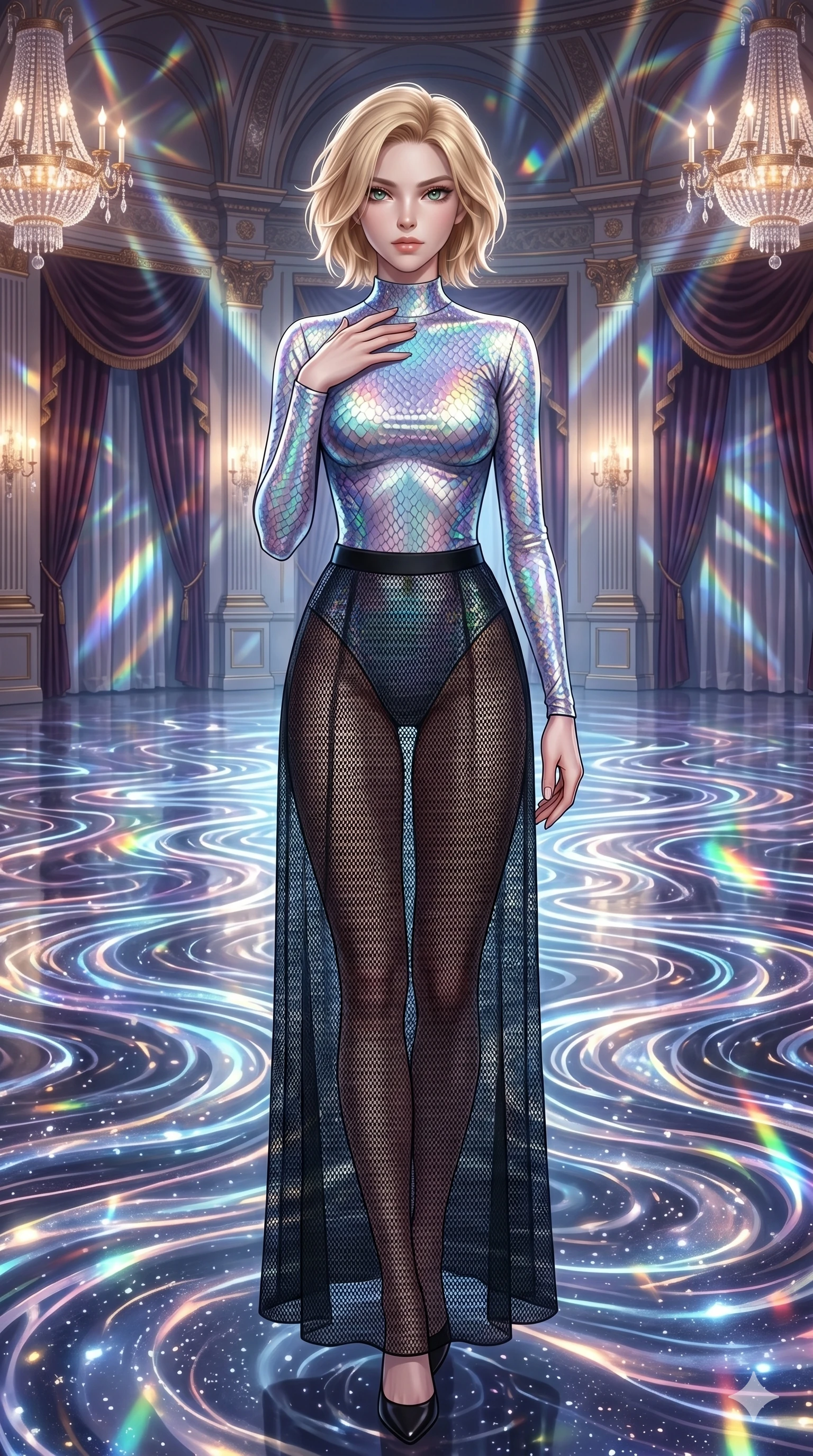 score_9, masterpiece, best quality, ultra-detailed, high-budget anime keyframe, editorial fashion photography, tasteful artistic composition, Caucasian woman, strictly human ears. cowboy shot from the thighs up, character and outfit filling the frame for maximum editorial presence. Pressing one hand lightly to her collarbone in a composed gesture inside a grand ballroom where the floor is made of liquid starlight that ripples as she walks. She has an absolutely perfect 8-heads proportion, an exceptionally tall and slender female figure with impossibly long slender legs and an ultra-slim waist. V-shaped jawline, high-bridge nose, intricate jewel-like eyes with depth, thick eyelashes, glossy lips with a natural sheen. wearing a long-sleeve bodysuit in iridescent scale-textured fabric with a mock neck, paired with a semi-opaque black mesh maxi skirt with a solid under-layer. lit by mirror-reflected prismatic spotlights creating geometric light patterns that play across her body. 2k, ultra detail, master piece, 9:16 ratio