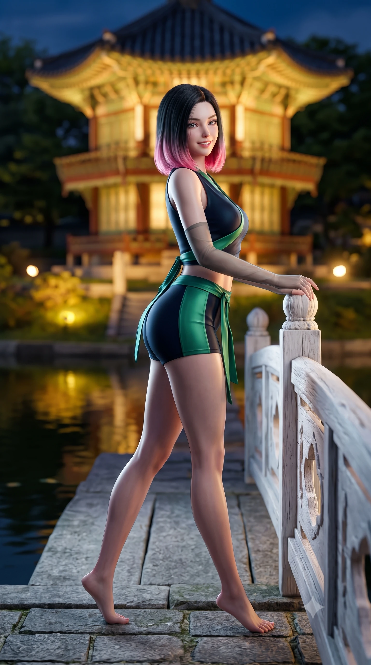 score_9, masterpiece, best quality, ultra-detailed, high-budget anime keyframe, semi-realistic 3D game render, editorial fashion photography, tasteful artistic composition, Korean woman. low angle full-body shot from head to toe showing her feet, filling the entire 9:16 vertical frame with her statuesque presence, stretching her vertical silhouette. stepping forward gracefully across the stone bridge in mid-motion with a radiant beaming smile, hips swaying in an alluring kinetic rhythm that accentuates her curvy hourglass silhouette and long slender legs while leaning against the carved white wooden bridge railing with hips cocked back, looking over her shoulder with an alluring, moonlit smile. The background shows a soft-focus the two-story hexagonal Hyangwonjeong pavilion illuminated in warm gold across still pond waters blurred into gold, jade, and dark obsidian bokeh. She has an absolutely perfect, statuesque 8.5-heads proportion, an exceptionally tall and slender model-like female figure with impossibly long slender legs, an ultra-slim waist, a flat toned midriff, narrow delicate ribcage, and beautifully sculpted feminine hips creating a graceful, slim hourglass silhouette without any bulky heaviness. sharp v-shaped jawline, high-bridge nose, intricate jewel-like dark sparkling almond eyes with depth, thick lashes, glossy parted lips with a natural rose-plum sheen, bright alluring and coquettish smile with bedroom-eyes, exuding both timeless oriental elegance and sovereign high-fashion allure, flawlessly proportioned anatomical accuracy, strict slender model proportions, natural body alignment, perfectly sculpted long slender limbs, ultra-slim waistline, clean dynamic posture without body distortion. wearing a modern tailored martial-arts-inspired wrap crop top paired with skin-tight high-cut combat shorts and silk sashes in deep midnight obsidian and luminous imperial jade green, made of supple second-skin stretch silk jersey clinging flawlessly to her form, complemented by delicate sheer silk fingerless gloves reaching past her elbows, the form-fitting tailored bodice adhering flawlessly to her sculpted flat midriff and slender torso, emphasizing her long leg lines and perfectly proportioned willowy build. bathed in soft architectural spotlights illuminating the historic royal pavilion and dark waters. highly saturated vibrant anime colors, detailed shading with soft gradients, rich glossy textures, high-contrast stereoscopic depth, volumetric dynamic lighting, master piece, 9:16 ratio