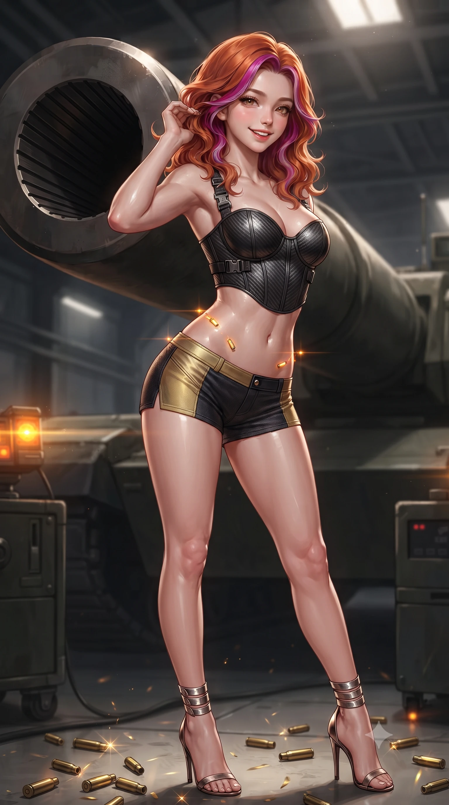 score_9, masterpiece, best quality, ultra-detailed, high-budget anime keyframe, editorial fashion photography, tasteful artistic composition, Caucasian woman. close-up cowboy shot from the waist and thighs up, the character dominates the composition, filling the frame with her large presence. gently brushing a lock of hair behind her ear while casting a playful, flirtatious side-gaze with long eyelashes while twisting her slender torso in an alluring S-curve as spent brass shell casings glint at her feet, amber strobe lights dancing across her flat midriff and hips. The surrounding environment is rendered in vivid detail and crisp panoramic clarity: sharp rifling grooves inside massive cannon muzzle, polished brass shell casings, and heavy industrial armor bolts in deep focus. She has an exceptionally elegant, slender, and willowy female figure with an ultra-slim waist, flat toned midriff, narrow ribcage, and sculpted feminine hips creating an alluring, slim hourglass silhouette without bulk. sharp v-shaped jawline, high-bridge nose, intricate jewel-like sparkling eyes with depth, thick eyelashes, glossy parted lips with a natural peach sheen, bright cheerful beaming smile with an enchanting and coquettish sensual glint, exuding both youthful cute charm and seductive allure, flawlessly proportioned anatomical accuracy, strict slender model proportions, natural body alignment, perfectly sculpted long slender limbs, ultra-slim waistline, clean dynamic posture without body distortion. wearing a sculpted carbon-fiber underwire crop corset with tactical buckle straps paired with low-rise micro shorts in solar-wind gold and deep space void black, tailored from high-density tech-wool with subtle metallic thread weave, complemented by strappy stiletto sandals with metallic ankle wraps accentuating her slender calves, the precision-cut side openings and low-back scoop framing her graceful spine and the sensual sweep of her slim, toned hips. illuminated by diamond-plate steel reflection bounce and sharp gold-amber rim lights defining her razor-sharp jawline, narrow waist, and curvy hips. ultra-reflective glossy finish, specular highlights, rich textural contrasts, high-contrast stereoscopic depth, volumetric dynamic lighting, 2k, ultra detail, master piece, 9:16 ratio
