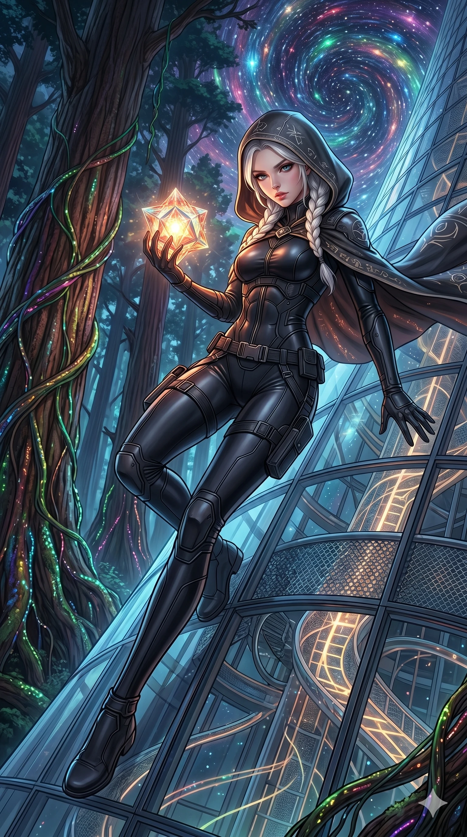 score_9, masterpiece, best quality, ultra-detailed, Set A: High-budget Anime Keyframe, Caucasian (human ears) woman. Low angle cowboy shot filling the entire 9:16 frame with her statuesque presence. Theme: Primal Nature. sliding down a glass skyscraper in a giant redwood forest with glowing vines, holding a glowing core that hums with the power of 102 suns. The atmosphere is filled with a swirling vortex of stars. She has an absolutely perfect 8-heads proportion, an exceptionally tall and slender female figure with impossibly long slender legs and an ultra-slim waist. Sharp v-shaped jawline, high-bridge nose, intricate jewel-like eyes with depth, glossy lips. Wearing Tech-assassin gear with a hooded cloak and a form-fitting matte black latex suit. Cinematic lighting, vivid colors, dramatic shadows, 2k, ultra detail, master piece, 9:16 ratio