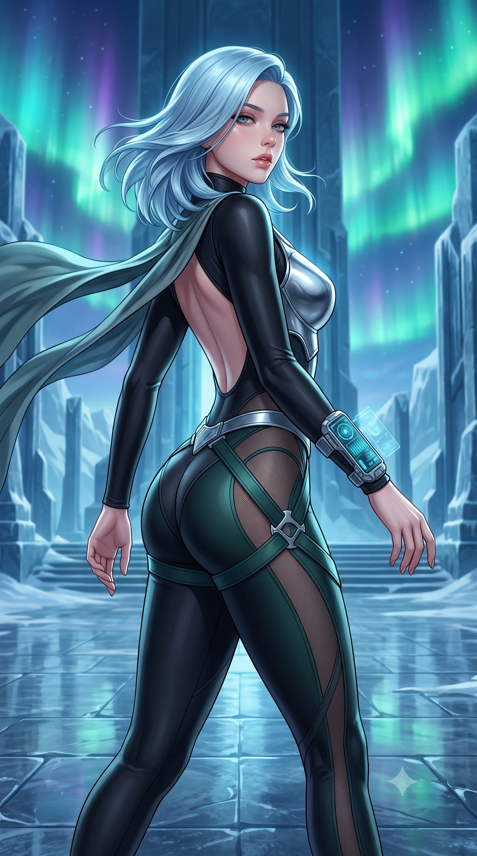 score_9, masterpiece, best quality, ultra-detailed, high-budget anime keyframe, semi-realistic 3D game render, editorial fashion photography, tasteful artistic composition, Korean woman. close-up cowboy shot from the waist and thighs up, the character dominates the composition, filling the frame with her large presence. twisting her slender torso in a deep contrapposto stance, hips dramatically shifted to accentuate her feminine curves while looking past her shoulder with smoldering bedroom-eyes while striding across the reflective frozen stone temple floor, hips swaying in an alluring rhythm as gale-force winds whip her silk drapery. The surrounding environment is rendered in vivid detail and crisp panoramic clarity. monumental high-contrast Nordic sci-fi chiaroscuro and mythic glacial architecture in precision. She has an exceptionally elegant, slender, and willowy female figure with an ultra-slim waist, a gracefully sculpted slender torso, toned flat midriff, and rounded feminine hips creating an alluring hourglass silhouette. sharp v-shaped jawline, high-bridge nose, intricate jewel-like eyes with depth, thick eyelashes, glossy parted lips with a natural sheen, intensely captivating and seductive bedroom-eyes expression, flawlessly proportioned anatomical accuracy, strict slender model proportions, natural body alignment, perfectly sculpted long slender limbs, ultra-slim waistline, clean dynamic posture without body distortion. wearing a sleek chrome armor breastplate worn over a second-skin black catsuit with open back and hip harness in deep spruce green and liquid silver, made of sheer contouring power-mesh panels with anatomical curve lines, equipped with a wrist-mounted miniature holographic display terminal, the liquid-tight tailored fabric clinging flawlessly to her narrow waist and rounded feminine hips, emphasizing every millimeter of her sculpted hourglass curves during movement. bathed in vibrant emerald and violet aurora backlighting from the polar sky. highly saturated vibrant anime colors, detailed shading with soft gradients, rich glossy textures, high-contrast stereoscopic depth, volumetric dynamic lighting, master piece, 9:16 ratio