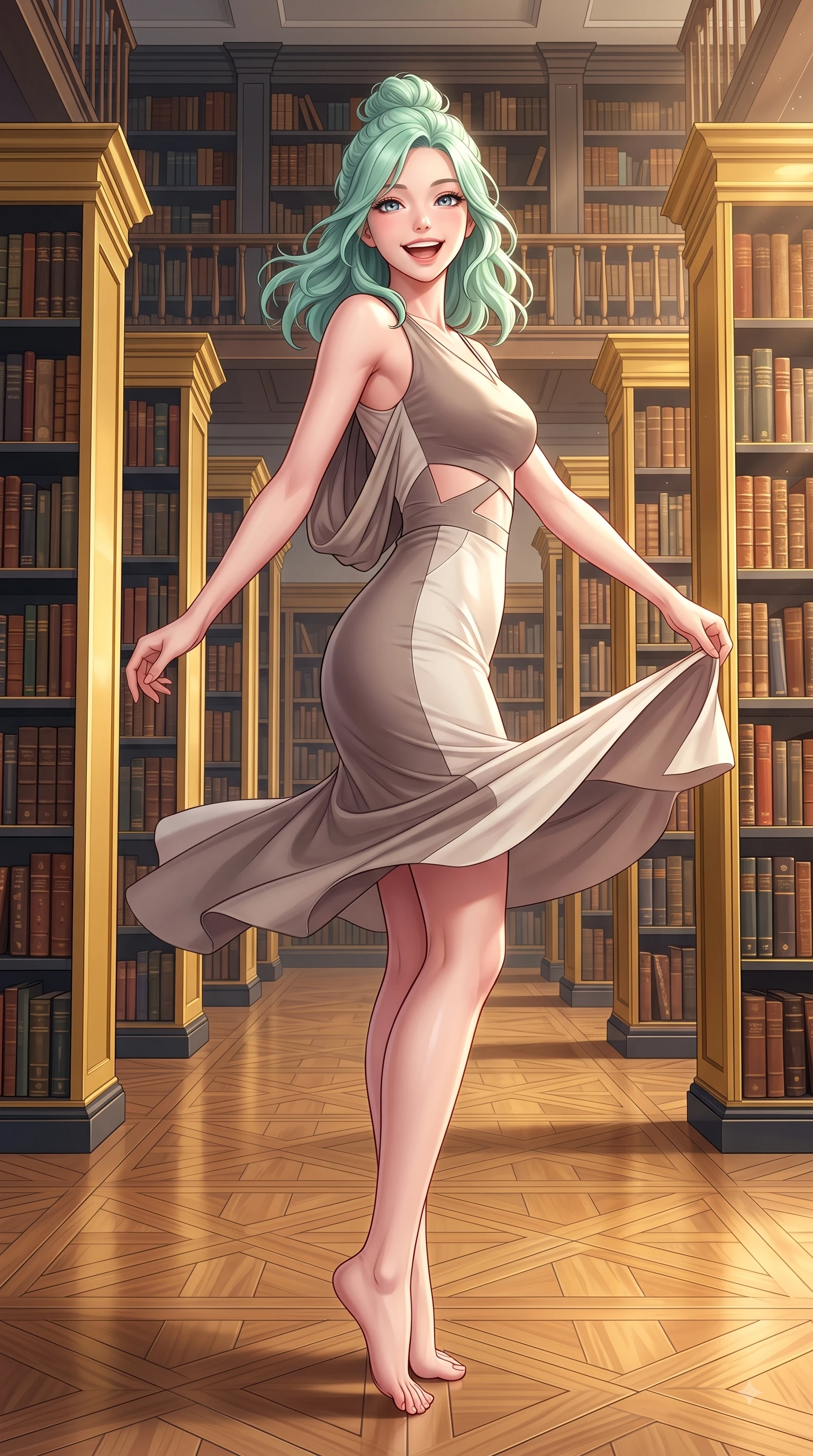 score_9, masterpiece, best quality, ultra-detailed, high-budget anime keyframe, editorial fashion photography, tasteful artistic composition, Japanese woman. low angle full-body shot from head to toe showing her feet, filling the entire 9:16 vertical frame with her statuesque presence, stretching her vertical silhouette. performing a cheerful mid-air rotation with flawless poise, her radiant smile capturing fresh college girlhood energy while walking down a polished parquet aisle flanked by tall golden bookcases with a joyful grin, thousands of classic leather-bound volumes stacked along majestic wooden bookcases. She has an absolutely perfect, statuesque 8.5-heads proportion, an exceptionally tall and slender model-like female figure with impossibly long slender legs and an ultra-slim waist. sharp v-shaped jawline, high-bridge nose, intricate jewel-like eyes with depth, thick eyelashes, glossy lips with a natural sheen, flawlessly proportioned anatomical accuracy, natural body alignment, perfectly sculpted elegant limbs, clean dynamic posture without body distortion. wearing a precision-fitted liquid jersey bodycon dress with a graceful draped back in muted taupe and soft ivory, formed from sleek second-skin neoprene, featuring subtle geometric cutouts that highlight her ultra-slim midriff, the glove-like fit emphasizing her statuesque silhouette during motion. bathed in warm golden dusty sunbeams and clear ambient library illumination. highly saturated vibrant anime colors, detailed shading with soft gradients, rich glossy textures, high-contrast stereoscopic depth, volumetric dynamic lighting, master piece, 9:16 ratio