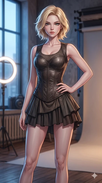 score_9, masterpiece, best quality, ultra-detailed, high-budget anime keyframe, editorial fashion photography, tasteful artistic composition, Caucasian woman, strictly human ears. cowboy shot from the thighs up, character and outfit filling the frame