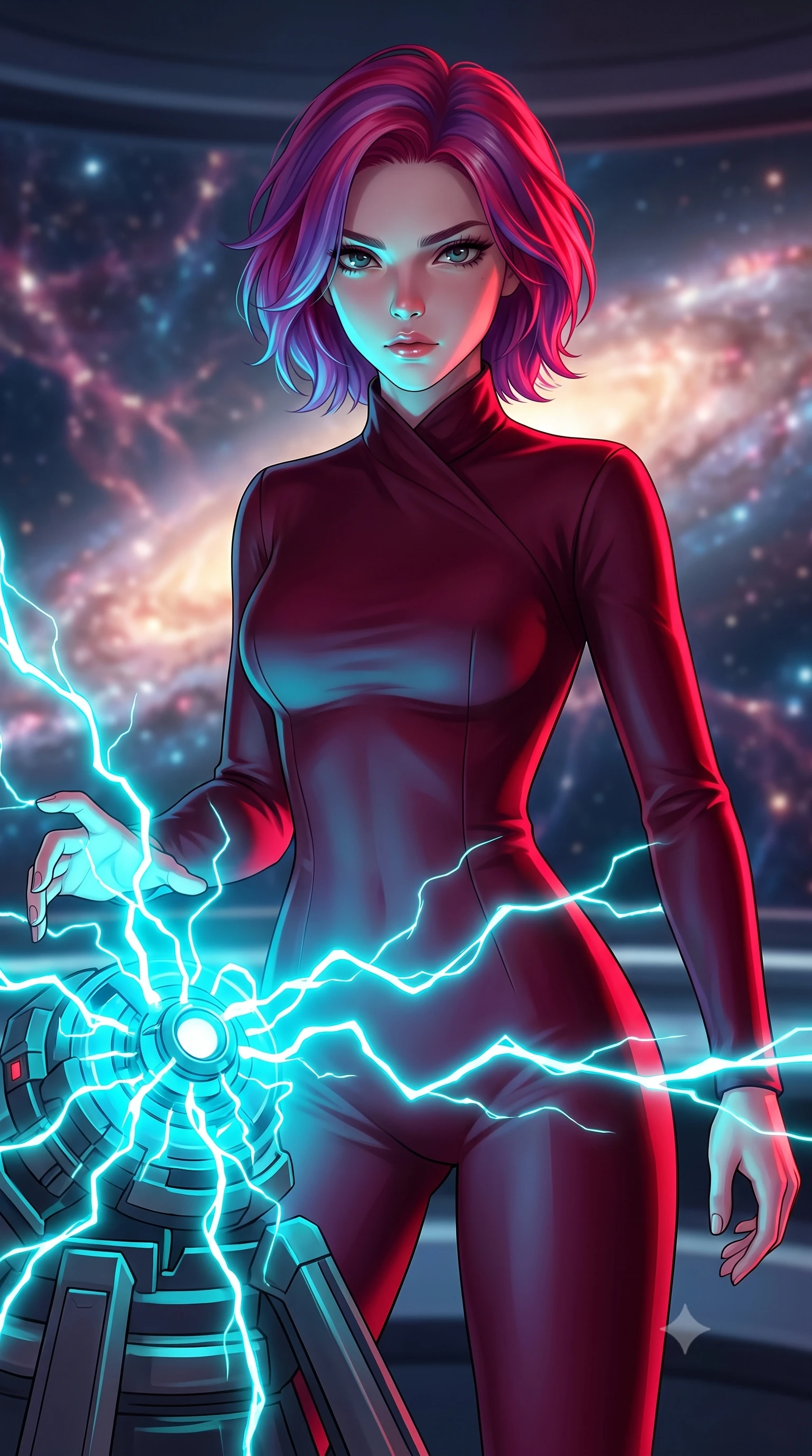 score_9, masterpiece, best quality, ultra-detailed, high-budget anime keyframe, editorial fashion photography, tasteful artistic composition, Caucasian woman, strictly human ears. close-up cowboy shot from the waist and thighs up, the character dominates the composition, filling the frame with her large presence, background elements kept in soft focus. Overloading the reactor core, her face illuminated by the bright cyan electrical energy arcing around her. set against a soft-focus background of the intersection of massive intergalactic gas filaments, streams of galaxies flowing like glowing rivers in the dark. She has an exceptionally elegant and slender, willowy female figure with an ultra-slim waist, a gracefully sculpted slender torso, and a refined slim physique. sharp v-shaped jawline, high-bridge nose, intricate jewel-like eyes with depth, thick eyelashes, glossy lips with a natural sheen. wearing catching and diffusing the glowing particles, shimmering softly in response to the surrounding light, a form-contouring precision-tailored jumpsuit in deep burgundy with a high wrap-front neck, highlighting her slim waist and long legs. highly saturated vibrant anime colors, intense vivid color palette, soft 3D volumetric shading, volumetric dynamic lighting, deep crimson theatrical lighting with sharp specular highlights on every curve. 2k, ultra detail, master piece, 9:16 ratio