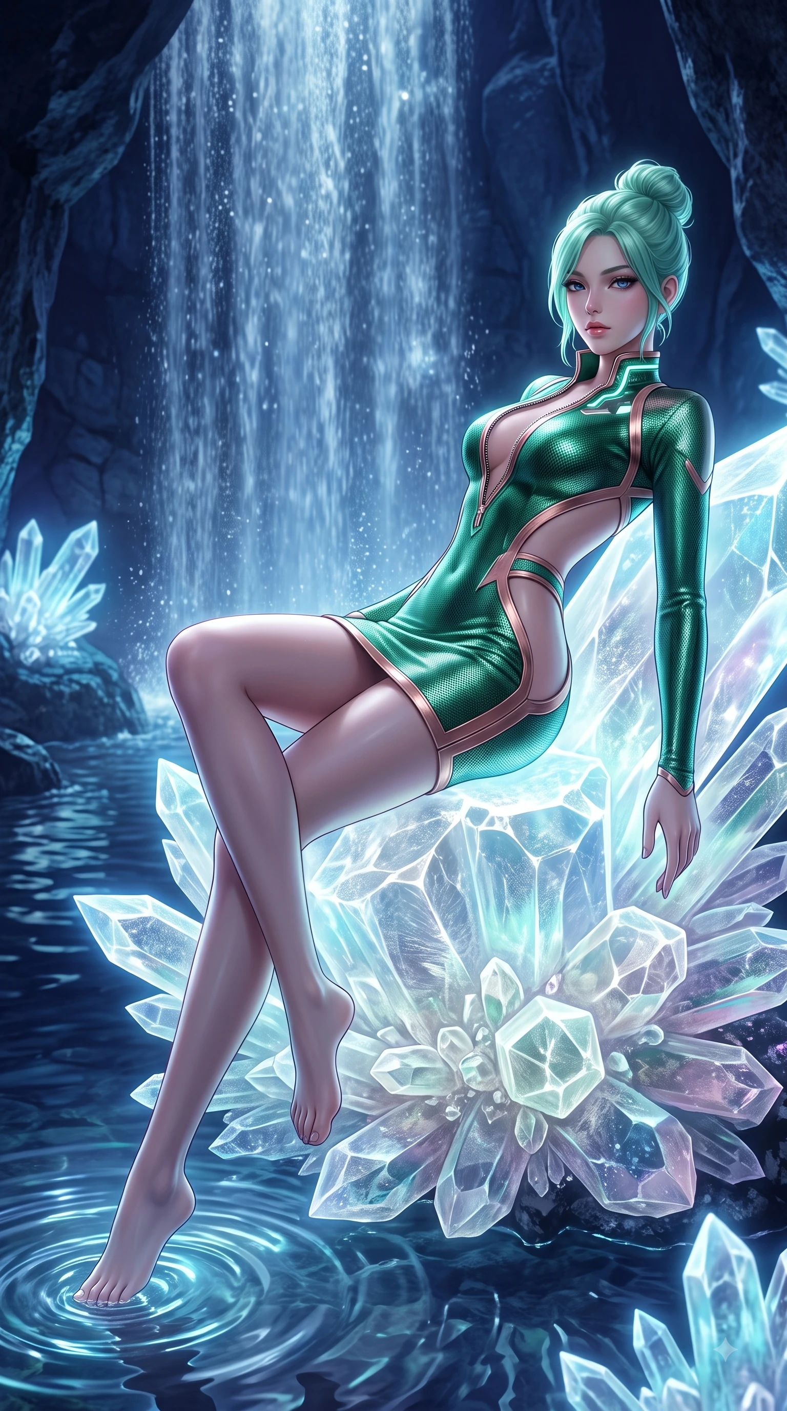 score_9, masterpiece, best quality, ultra-detailed, high-budget anime keyframe, semi-realistic 3D game render, editorial fashion photography, tasteful artistic composition, Japanese woman. low angle full-body shot from head to toe showing her feet, filling the entire 9:16 vertical frame with her statuesque presence, stretching her vertical silhouette. arching her back in a fluid zero-gravity turn with sovereign grace, her long slender legs and sculpted torso creating a sweeping line while reclining gracefully on a glowing crystal formation as luminescent water ripples around her limbs. The surrounding environment is rendered in vivid detail and crisp panoramic clarity. intricate waterfall spray textures, wet stone reflections, and glowing crystal stalagmites in crisp clarity. She has an absolutely perfect, statuesque 8.5-heads proportion, an exceptionally tall and slender model-like female figure with impossibly long slender legs and an ultra-slim waist. sharp v-shaped jawline, high-bridge nose, intricate jewel-like eyes with depth, thick eyelashes, glossy lips with a natural sheen, flawlessly proportioned anatomical accuracy, natural body alignment, perfectly sculpted elegant limbs, clean dynamic posture without body distortion. wearing a second-skin fashion-latex mini dress with a clean architectural front, featuring an open-back design that wraps around the sides of her waist, showcasing her slender silhouette in emerald green and metallic rose gold trim, made of liquid metal jersey that clings flawlessly to every contour of her build, featuring a dangerously unzipped neckline framed by glowing cybernetic accents, the glove-like fit tightly following every curve of her statuesque athletic build. illuminated by crisp white specular highlights and deep indigo ambient shadow. highly saturated vibrant anime colors, detailed shading with soft gradients, rich glossy textures, high-contrast stereoscopic depth, volumetric dynamic lighting, master piece, 9:16 ratio