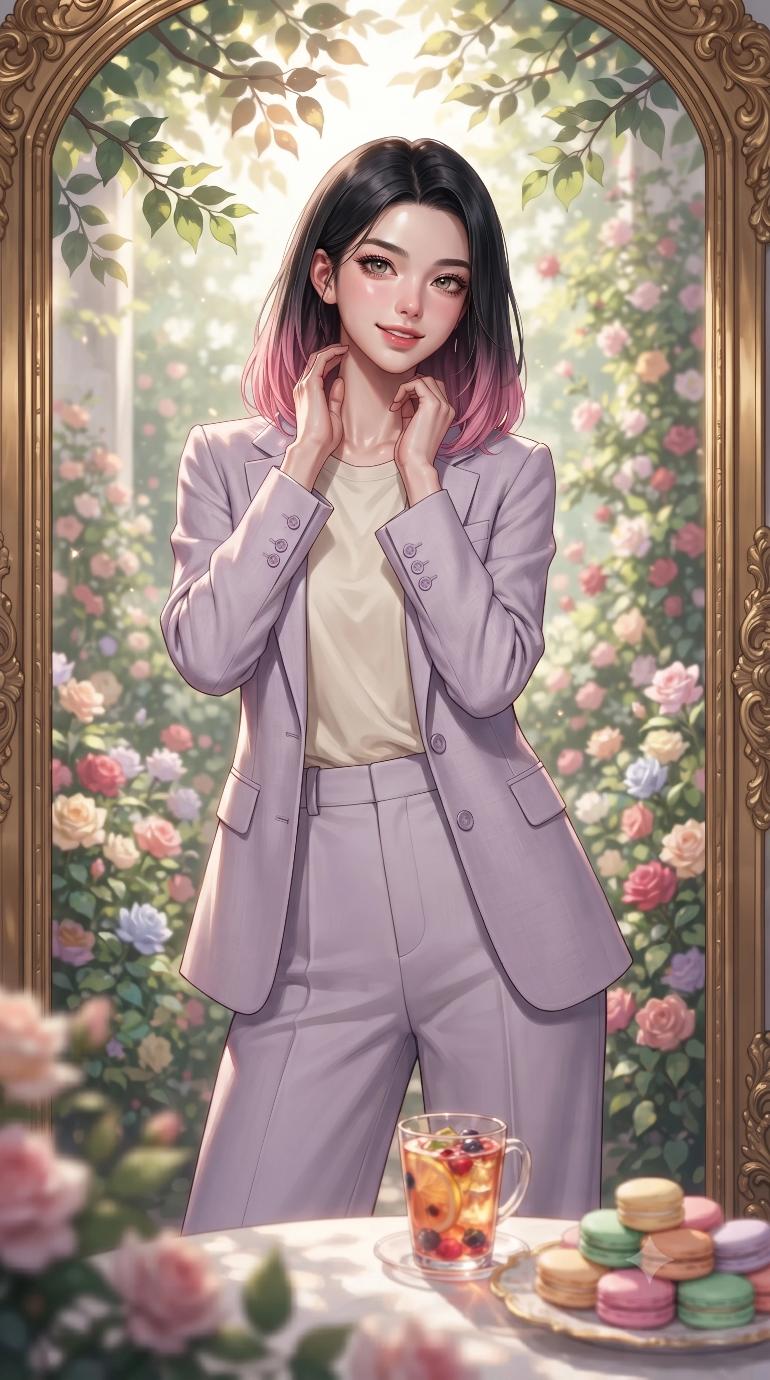 score_9, masterpiece, best quality, ultra-detailed, high-budget anime keyframe, editorial fashion photography, tasteful artistic composition, Korean woman. close-up cowboy shot from the waist and thighs up, the character dominates the composition, filling the frame with her large presence, background elements kept in soft focus. gazing into a gilded mirror reflection with a confident, sensual smile, tracing her neck contour set against a soft-focus background of inside an exclusive rose conservatory with a glass of iced fruit tea and delicate macaron pastries arranged on the table. She has an exceptionally elegant, slender, and willowy female figure with an ultra-slim waist, a gracefully sculpted slender torso, and a refined silhouette. sharp v-shaped jawline, high-bridge nose, intricate jewel-like eyes with depth, thick eyelashes, glossy lips with a natural sheen. wearing form-contouring pale lavender soft linen tailored casual blazer paired with a loose tee and wide-leg trousers featuring refined tailored seams. highlighted by dappled sunlight filtering through leafy branches, creating soft organic patterns. ultra-reflective glossy finish, specular highlights, metallic sheen, high-contrast stereoscopic depth, volumetric dynamic lighting, 2k, ultra detail, master piece, 9:16 ratio