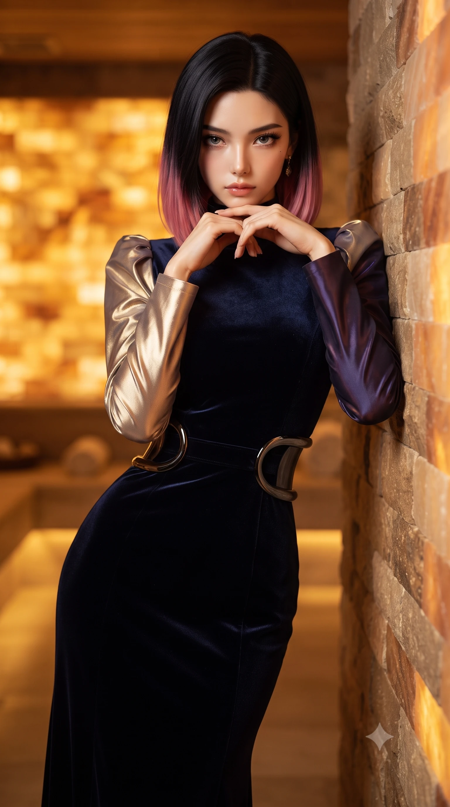 score_9, masterpiece, best quality, ultra-detailed, high-budget anime keyframe, editorial fashion photography, tasteful artistic composition, Korean woman. close-up cowboy shot from the waist and thighs up, the character dominates the composition, filling the frame with her large presence, background elements kept in soft focus. Resting her chin on the backs of her fingers with an air of effortless superiority, resting against a heated stone wall in a private high-floor spa sanctuary, warm amber glow highlighting her sharp v-shaped jawline and glossy lips. She has an exceptionally elegant, slender, and willowy female figure with an ultra-slim waist, a gracefully sculpted slender torso, and a refined silhouette. sharp v-shaped jawline, high-bridge nose, intricate jewel-like eyes with depth, thick eyelashes, glossy lips with a natural sheen. wearing floor-length high-neck midnight navy velvet gown with long sleeves in champagne gold, made of iridescent dark violet taffeta, accented with sculpted obsidian chrome rings at the waist, sculpting her athletic slender build with refined precision. bathed in warm golden amber light radiating from glowing salt brick walls. ultra-reflective glossy finish, specular highlights, metallic sheen, high-contrast stereoscopic depth, volumetric dynamic lighting, 2k, ultra detail, master piece, 9:16 ratio