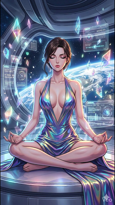 Cinematic 8-second video. The woman is meditatin in a futuristic space station. Holoraphic data screens and crystals float and pulse with soft liht around her. Outside the window, the Earth rotates slowly. A subtle enery aura emanates from her as she