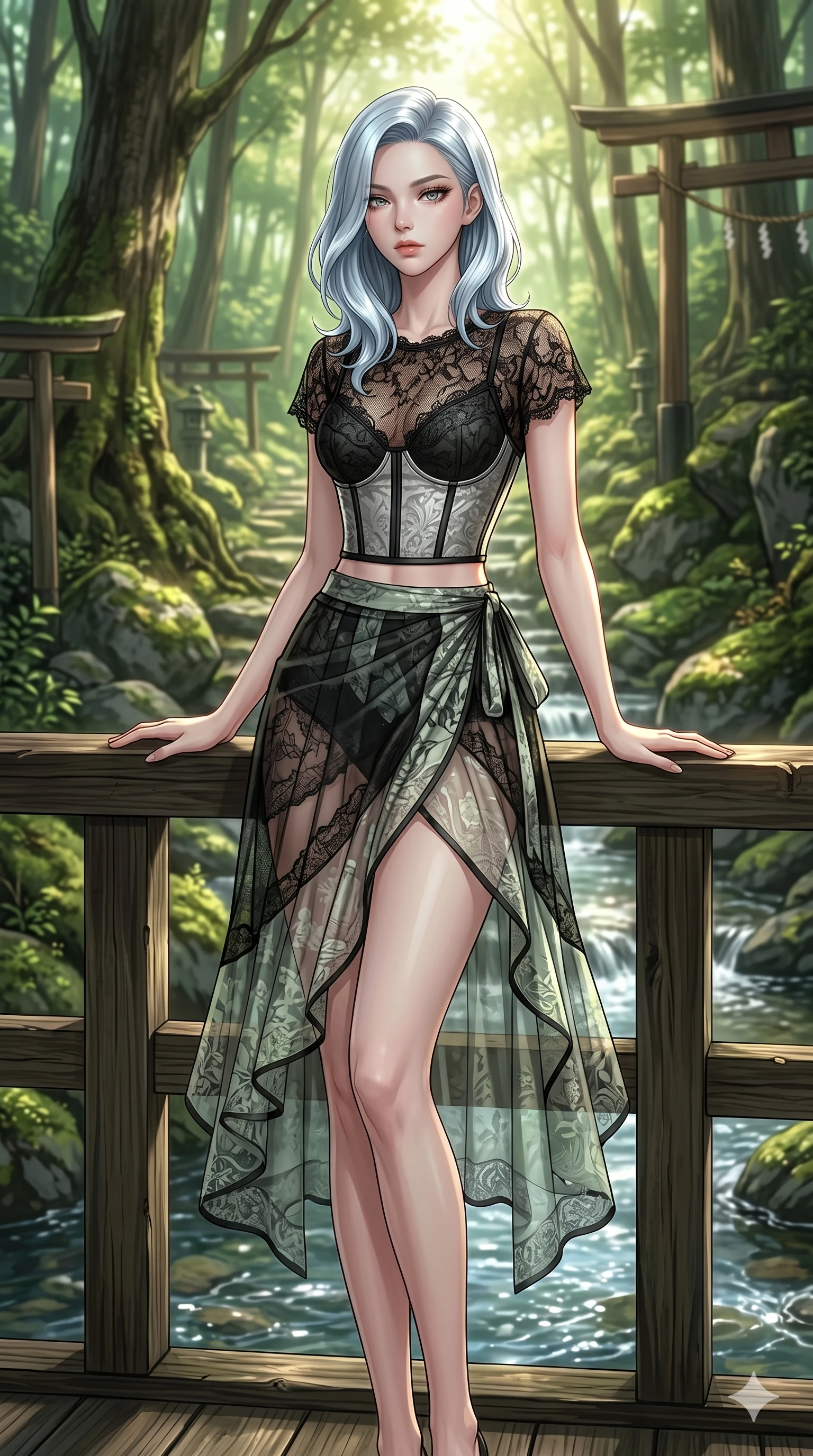 score_9, masterpiece, best quality, ultra-detailed, high-budget anime keyframe, editorial fashion photography, tasteful artistic composition, Korean woman. cowboy shot from the thighs up, character and outfit filling the frame for maximum editorial presence. resting her hands on the deck railing, looking past the camera in a sacred forest path near a mountain stream under midday sun (Code-P19-153). She has an absolutely perfect 8-heads proportion, an exceptionally tall and slender female figure with impossibly long slender legs and an ultra-slim waist. V-shaped jawline, high-bridge nose, intricate jewel-like eyes with depth, thick eyelashes, glossy lips with a natural sheen. wearing a sheer lace crop top over a structured corset, paired with a transparent wrap skirt. soft green and gold ambient light, creating a calm, glowing atmosphere. 2k, ultra detail, master piece, 9:16 ratio