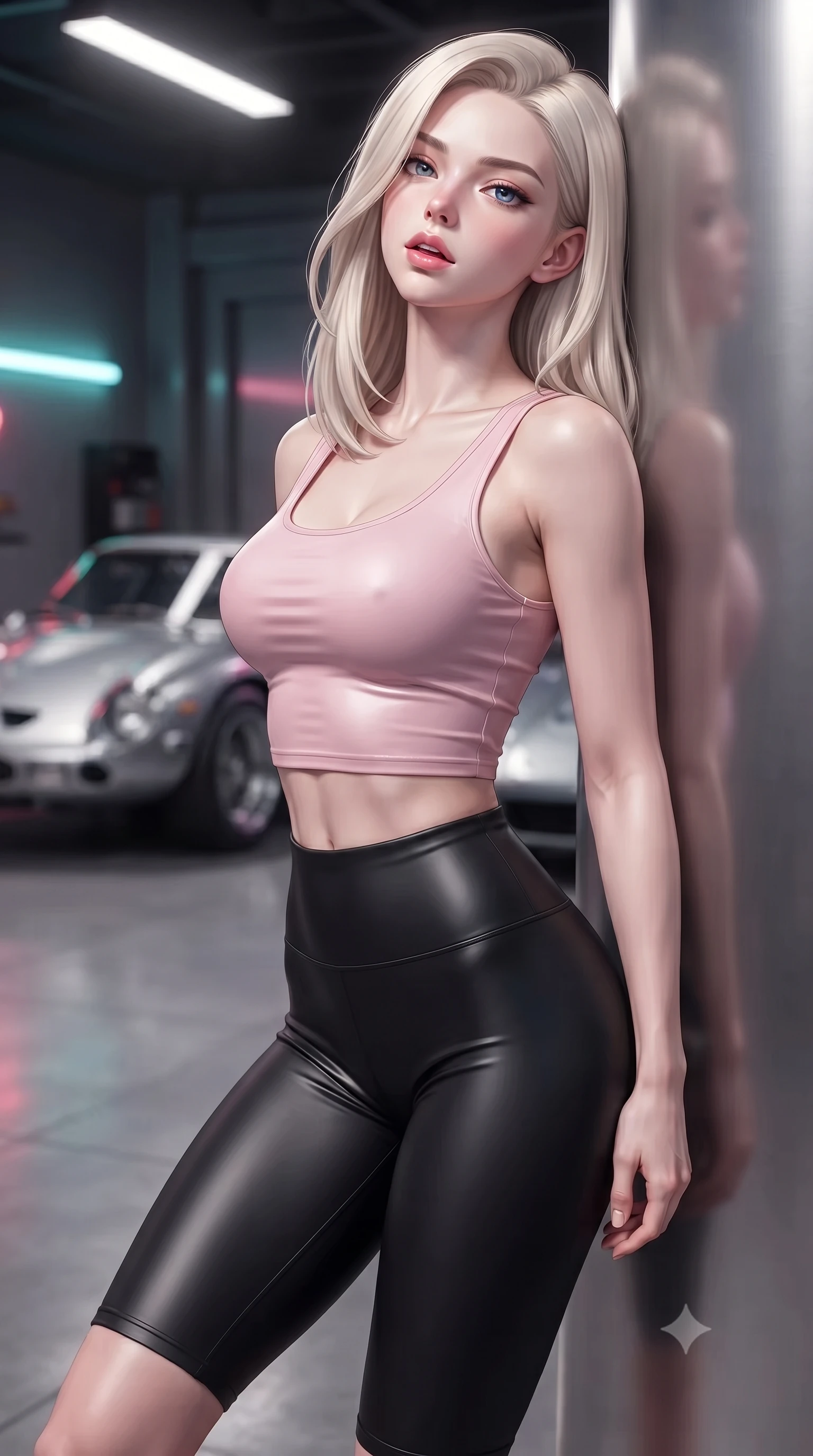 score_9, masterpiece, best quality, ultra-detailed, high-budget anime keyframe, editorial fashion photography, tasteful artistic composition, Caucasian woman. close-up cowboy shot from the waist and thighs up, the character dominates the composition, filling the frame with her large presence, background elements kept in soft focus. tilting her chin up slightly with lips parted in a composed, provocative expression the background shows a soft-focus a private high-tech garage with a sleek silver classic supercar and neon lights. She has an exceptionally elegant, slender, and willowy female figure with an ultra-slim waist, a gracefully sculpted slender torso, and a refined silhouette. sharp v-shaped jawline, high-bridge nose, intricate jewel-like eyes with depth, thick eyelashes, glossy lips with a natural sheen. wearing a form-contouring body-hugging light pink crop tank top paired with high-waisted tight-fitting leggings. neon rim lights reflecting off the metallic paint and chrome surfaces. ultra-reflective glossy finish, specular highlights, metallic sheen, high-contrast stereoscopic depth, volumetric dynamic lighting, 2k, ultra detail, master piece, 9:16 ratio