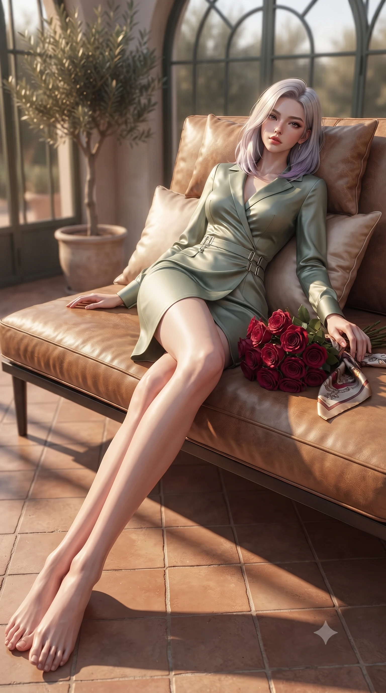 score_9, masterpiece, best quality, ultra-detailed, high-budget anime keyframe, editorial fashion photography, tasteful artistic composition, Caucasian woman. low angle full-body shot from head to toe showing her feet, filling the entire 9:16 vertical frame with her statuesque presence, stretching her vertical silhouette. relaxing on a sunbed with relaxed elegance, her slender figure stretching out gracefully under the warm glow set against a soft-focus background of inside an exclusive sunroom alcove with a bouquet of crimson roses and a silk scarf resting on the leather seat. She has an absolutely perfect, statuesque 8.5-heads proportion, an exceptionally tall and slender model-like female figure with impossibly long slender legs and an ultra-slim waist. sharp v-shaped jawline, high-bridge nose, intricate jewel-like eyes with depth, thick eyelashes, glossy lips with a natural sheen. wearing body-hugging sage green matte silk sleek long-sleeve silk wrap dress contouring her ultra-slim waist elegantly accented with delicate silver hardware. bathed in warm golden hour sunbeams that cast long, romantic shadows across the floor. ultra-reflective glossy finish, specular highlights, metallic sheen, high-contrast stereoscopic depth, volumetric dynamic lighting, 2k, ultra detail, master piece, 9:16 ratio