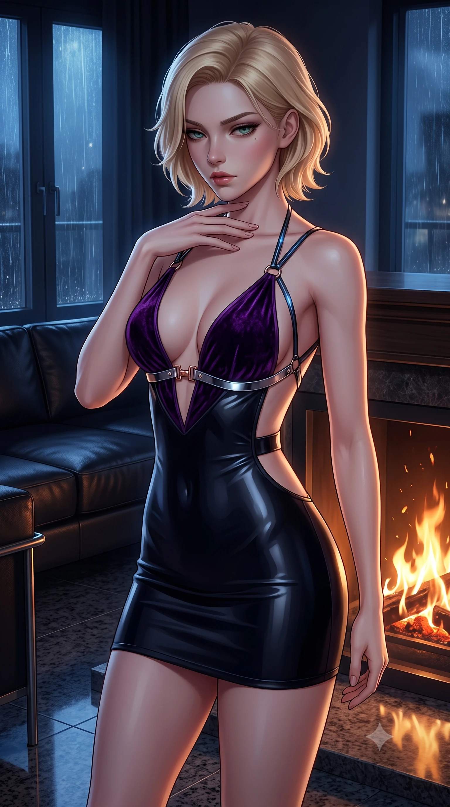 score_9, masterpiece, best quality, ultra-detailed, high-budget anime keyframe, semi-realistic 3D game render, editorial fashion photography, tasteful artistic composition, Caucasian woman. close-up cowboy shot from the waist and thighs up, the character dominates the composition, filling the frame with her large presence. resting her fingers lightly against her throat while looking down with a smoldering, haughty yet intensely captivating glance while pivoting dynamically near the glowing fireplace hearth as warm dancing embers cast flicking S-curve light on her skin. The surrounding environment is rendered in vivid detail and crisp panoramic clarity. crisp black leather upholstery seams, polished granite floor reflections, and detailed fireplace flame tongues in deep focus. She has an exceptionally elegant, slender, and willowy female figure with an ultra-slim waist, a gracefully sculpted slender torso, toned flat midriff, and a refined slim silhouette. sharp v-shaped jawline, high-bridge nose, intricate jewel-like eyes with depth, thick eyelashes, glossy lips with a natural sheen, flawlessly proportioned anatomical accuracy, strict slender model proportions, natural body alignment, perfectly sculpted long slender limbs, ultra-slim waistline, clean dynamic posture without body distortion. wearing a second-skin midnight black latex mini dress with a dramatic open-back design wrapping around her waist and a plunging neckline in deep velvet violet and rose-gold metallic clasps, made of rich crushed velvet that catches deep directional light with soft gradients, reinforced by a sleek metallic chrome harness and delicate dark glowing micro-straps, the sleek second-skin cut tightly hugging her graceful clavicle, narrow waist, and feminine curves with athletic precision. bathed in warm dancing fireplace flame glow and cool blue moonlight filtering through rainy windows. rich saturated anime colors with deep moody shadows, detailed chiaroscuro shading with soft gradients, rich glossy textures, high-contrast stereoscopic depth, volumetric dynamic shadow lighting, master piece, 9:16 ratio