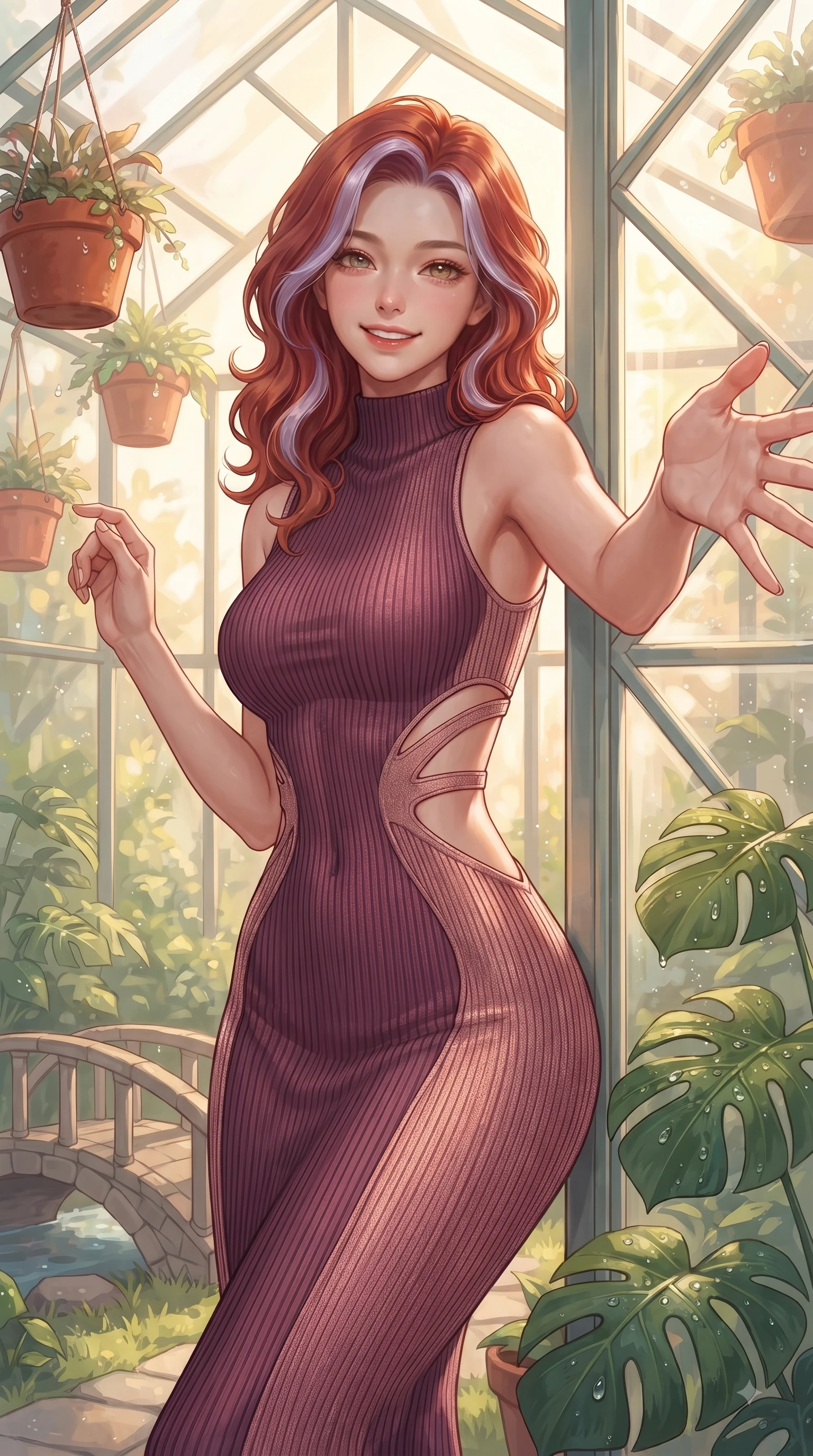 score_9, masterpiece, best quality, ultra-detailed, high-budget anime keyframe, editorial fashion photography, tasteful artistic composition, Caucasian woman. close-up cowboy shot from the waist and thighs up, the character dominates the composition, filling the frame with her large presence. Fresh enchanting smile, her eyes twinkling like jewels in the bright sunlight as one arm reaches out cheerfully while leaning against a glass greenhouse wall surrounded by hanging terracotta flower pots. The surrounding environment is rendered in vivid detail and crisp panoramic clarity. dewdrops on Monstera leaves, stone bridge details, and clear glass geometric panels in crisp resolution. She has an exceptionally elegant, slender, and willowy female figure with an ultra-slim waist, a gracefully sculpted slender torso, and a refined silhouette. sharp v-shaped jawline, high-bridge nose, intricate jewel-like eyes with depth, thick eyelashes, glossy lips with a natural sheen, flawlessly proportioned anatomical accuracy, natural body alignment, perfectly sculpted elegant limbs, clean dynamic posture without body distortion. wearing a high-neck sleeveless ribbed knit dress following her statuesque figure like a glove in rich plum purple and rose gold, crafted from lightweight fluid chiffon, complemented by clean architectural cutouts along her slender torso, the form-contouring material highlighting her ultra-slim waist and long lines. surrounded by a peaceful, sun-drenched, and healing greenhouse atmosphere. ultra-reflective glossy finish, specular highlights, metallic sheen, high-contrast stereoscopic depth, volumetric dynamic lighting, 2k, ultra detail, master piece, 9:16 ratio