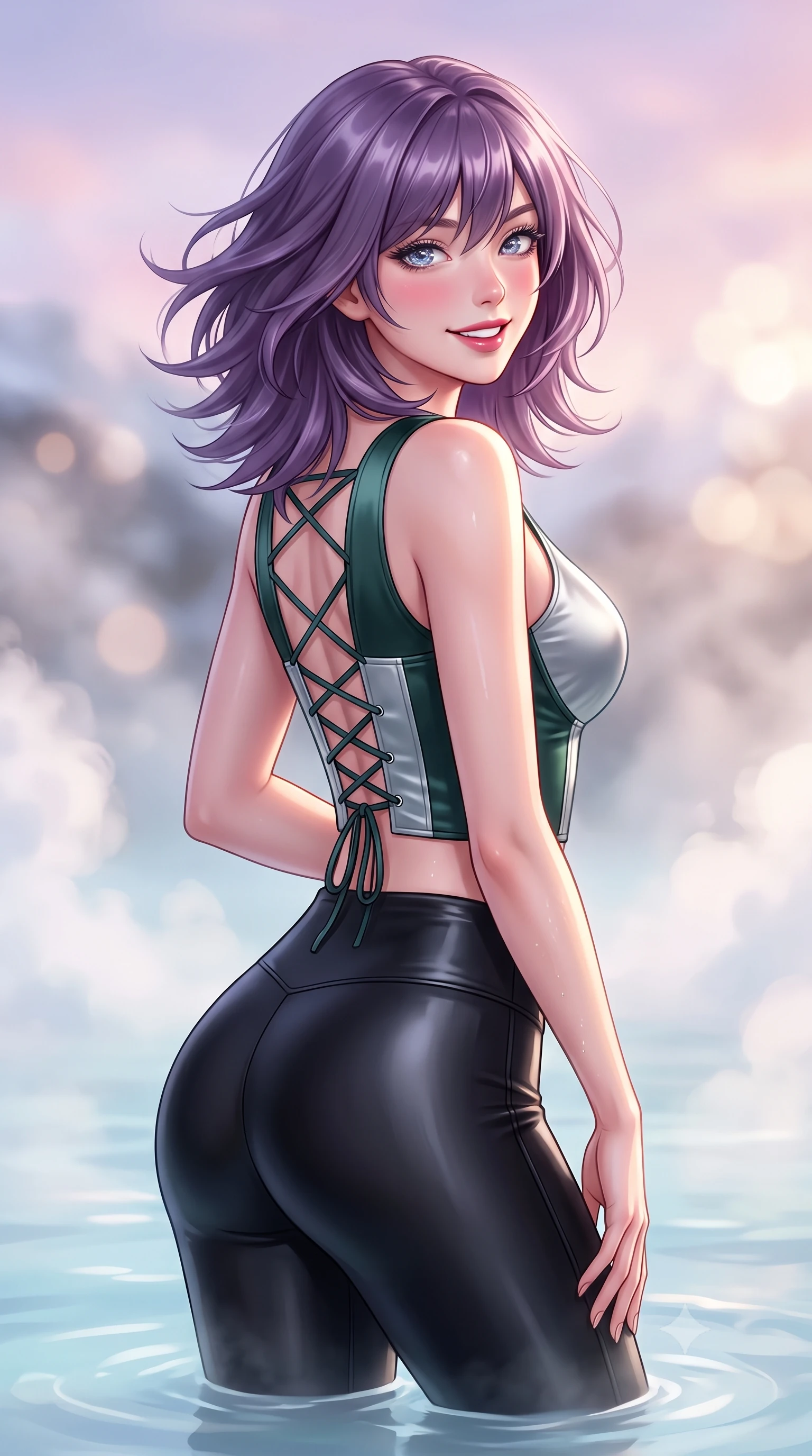score_9, masterpiece, best quality, ultra-detailed, high-budget anime keyframe, semi-realistic 3D game render, editorial fashion photography, tasteful artistic composition, Japanese woman. close-up cowboy shot from the waist and thighs up, the character dominates the composition, filling the frame with her large presence. turning playfully with a bright confident smile, her glossy hair tossing in the mountain breeze as her hips angle gracefully in a captivating contrapposto while twisting her slender torso in an alluring S-curve, milky-blue geothermal water lapping against her flat midriff and rounded feminine hips. The composition keeps background elements in soft focus with dreamy creamy bokeh. thick billowing geothermal steam clouds rising into the sub-zero air softened in otherworldly Icelandic shallow focus. She has an exceptionally elegant, slender, and willowy female figure with an ultra-slim waist, flat toned midriff, narrow ribcage, and sculpted feminine hips creating an alluring, slim hourglass silhouette without bulk. sharp v-shaped jawline, high-bridge nose, sparkling ice-crystal eyes with depth, frosty thick lashes, glossy parted lips with a rosy berry sheen, bright playful smile with an intoxicating seductive glint, rosy flushed cheeks radiating cozy warmth and dangerous allure, flawlessly proportioned anatomical accuracy, strict slender model proportions, natural body alignment, perfectly sculpted long slender limbs, ultra-slim waistline, clean dynamic posture without body distortion. wearing sleek black liquid-look thermal leggings paired with a cropped structured corset top in deep spruce green and frosted silver, made of smooth fluid heavy silk satin with an icy mirror-like sheen, finished with criss-cross back satin laces tracing her slender spine, the high-waisted tailoring accentuating her ultra-slim waistline and the enchanting curve of her feminine hips with alluring winter charm. bathed in soft ethereal Nordic pastel twilight and warm geothermal water illumination. highly saturated vibrant anime colors, detailed shading with soft gradients, rich glossy textures, high-contrast stereoscopic depth, volumetric dynamic lighting, master piece, 9:16 ratio