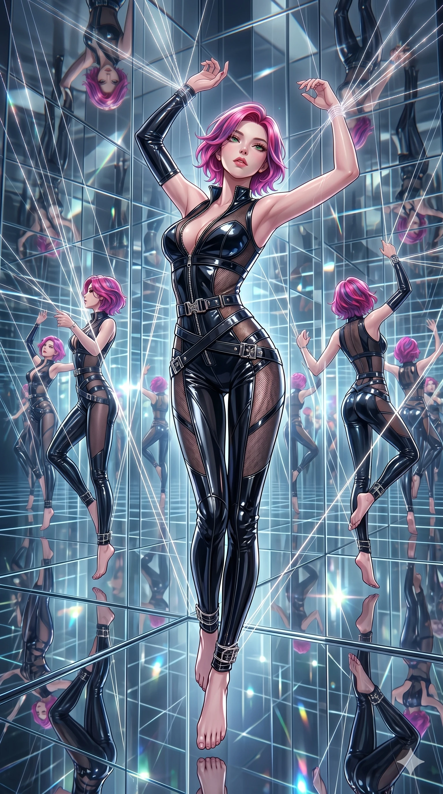 score_9, masterpiece, best quality, ultra-detailed, High-budget Anime Keyframe, East Asian woman. Dynamic full-body shot stretching the vertical silhouette to the limit. Scenario 246: Suspended by invisible silk threads in a hall of mirrors. Her presence is magnetic and overpowering in this high-budget anime scene. Outfit 246: A patent leather mesh with a unzipped detail and metallic buckles. The clothing is designed to emphasize her exceptionally tall and slender 8-heads proportion. 8-heads proportion, towering silhouette, ultra-slim waist. sharp v-shaped jawline, intricate jewel-like eyes with depth, thick eyelashes, glossy lips. 2k, ultra detail, master piece, 9:16 ratio