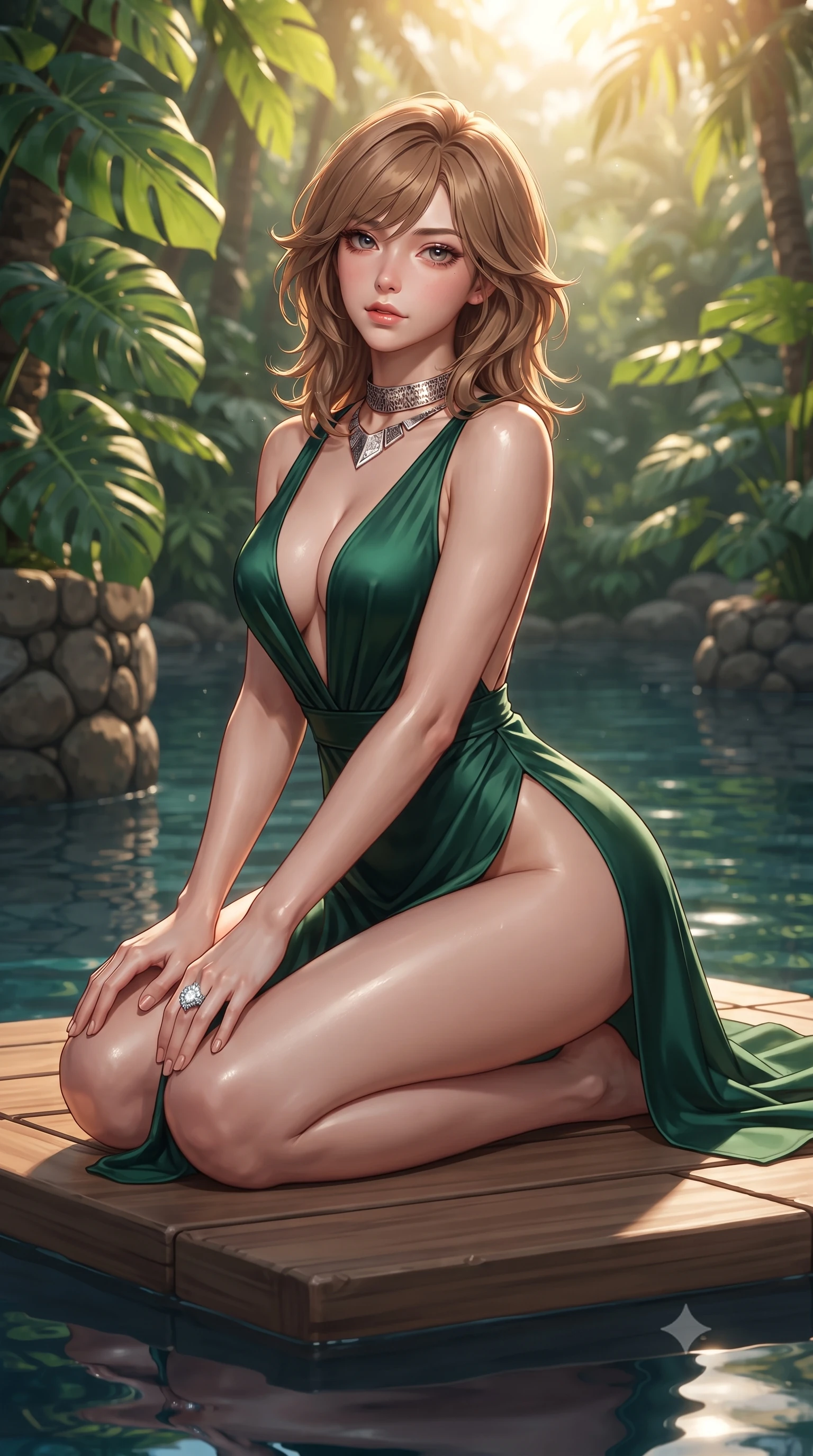 score_9, masterpiece, best quality, ultra-detailed, high-budget anime keyframe, editorial fashion photography, tasteful artistic composition, Korean woman. close-up cowboy shot from the waist and thighs up, the character dominates the composition, filling the frame with her large presence. leaning back with relaxed seductive grace, her sculpted collarbones and narrow waist highlighted as she casts smoldering bedroom-eyes directly into the camera while kneeling gracefully on a floating wooden yoga platform surrounded by water, her athletic slender curves creating a breathtaking line. The surrounding environment is rendered in vivid detail and crisp panoramic clarity. sharp tropical monstera leaf textures, river-stone masonry, and pool water surface tension in deep focus. She has an exceptionally elegant, slender, and willowy female figure with an ultra-slim waist, flat toned midriff, narrow ribcage, and sculpted feminine hips creating an alluring, slim hourglass silhouette without bulk. sharp v-shaped jawline, high-bridge nose, intricate jewel-like eyes with depth, thick eyelashes, glossy parted lips with a natural sheen, intensely captivating and seductive bedroom-eyes expression, flawlessly proportioned anatomical accuracy, strict slender model proportions, natural body alignment, perfectly sculpted long slender limbs, ultra-slim waistline, clean dynamic posture without body distortion. wearing a plunging-V neckline duchess satin gown with high side slits ascending to the high hip in deep emerald green satin and gold hardware, made of fluid silk crepe with delicate inner corsetry boning, complemented by a bold geometric choker and sparkling cocktail ring, the dramatically scooped open back descending to the base of her spine, accentuating her razor-sharp statuesque lines and slim hourglass silhouette. bathed in warm tropical golden morning sunlight filtering through jungle canopy foliage. ultra-reflective glossy finish, specular highlights, rich textural contrasts, high-contrast stereoscopic depth, volumetric dynamic lighting, 2k, ultra detail, master piece, 9:16 ratio