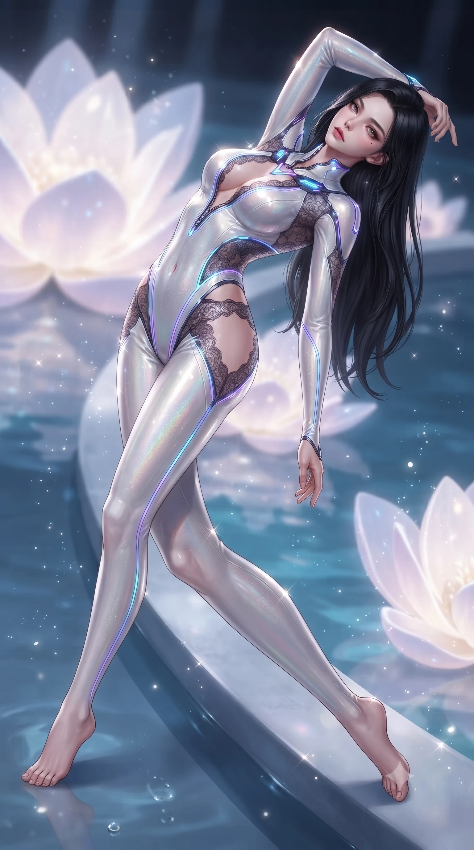score_9, masterpiece, best quality, ultra-detailed, high-budget anime keyframe, editorial fashion photography, tasteful artistic composition, Korean woman. low angle full-body shot from head to toe showing her feet, filling the entire 9:16 vertical frame with her statuesque presence, stretching her vertical silhouette. arching her back in a fluid zero-gravity turn with sovereign grace, her long slender legs and sculpted torso creating a sweeping line while reclining along the edge of a sacred pool as gigantic glowing pearl lotus petals ripple light across her bare shoulders. The composition keeps background elements in soft focus with creamy bokeh. sparkling moonlit water droplets scattering gentle starlight motes across a serene backdrop. She has an absolutely perfect, statuesque 8.5-heads proportion, an exceptionally tall and slender model-like female figure with impossibly long slender legs, a toned flat midriff, and an ultra-slim waist. sharp v-shaped jawline, high-bridge nose, intricate jewel-like eyes with depth, thick eyelashes, glossy lips with a natural sheen, flawlessly proportioned anatomical accuracy, strict slender model proportions, natural body alignment, perfectly sculpted long slender limbs, ultra-slim waistline, clean dynamic posture without body distortion. wearing a skin-tight cybernetic bodysuit with glowing neon seams, deep hip cutouts, and an aerodynamic athletic fit in glistening liquid pearl white with rainbow opalescence, crafted from delicate dark lace interwoven with luminescent micro-fibers, featuring a dangerously unzipped neckline framed by glowing cybernetic accents, the precision-cut daring openings accentuating her delicate midriff, graceful bare collarbones, and ultra-slim feminine waistline. illuminated by soft glowing pearl lotus uplights and sparkling specular highlights tracing her curves. ultra-reflective glossy finish, specular highlights, metallic sheen, high-contrast stereoscopic depth, volumetric dynamic lighting, 2k, ultra detail, master piece, 9:16 ratio