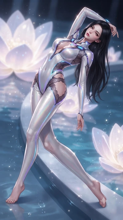 score_9, masterpiece, best quality, ultra-detailed, high-budget anime keyframe, editorial fashion photography, tasteful artistic composition, Korean woman. low angle full-body shot from head to toe showing her feet, filling the entire 9:16 vertical f