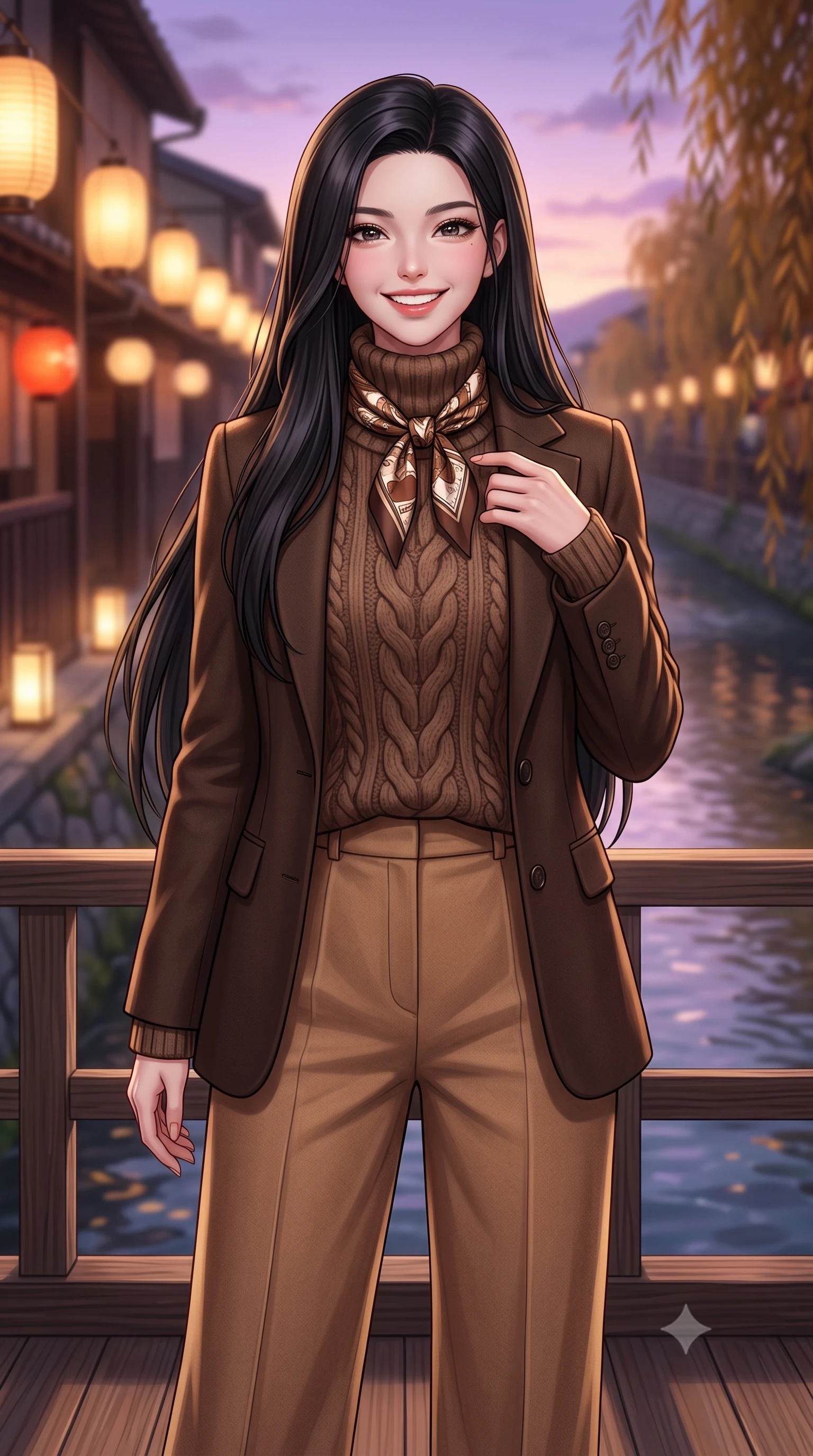 score_9, masterpiece, best quality, ultra-detailed, high-budget anime keyframe, semi-realistic 3D game render, editorial fashion photography, tasteful artistic composition, Korean woman. close-up cowboy shot from the waist and thighs up, the character dominates the composition, filling the frame with her large presence. resting one hand gracefully on her tailored blazer lapel while looking into the camera with bright, sparkling eyes while standing poised on the wooden kawayuka deck suspended over the clear riverbank, looking out at autumn willows with a bright, beaming smile. The background shows a soft-focus warm paper lanterns along Gion alleyways softened in romantic Kyoto dusk shallow focus. She has an exceptionally elegant, slender, and willowy female figure with an ultra-slim waist, flat toned midriff, narrow ribcage, and sculpted feminine hips creating an alluring, slim hourglass silhouette without bulk. sharp v-shaped jawline, high-bridge nose, intricate jewel-like sparkling eyes with depth, thick eyelashes, glossy parted lips with a natural peach sheen, bright cheerful beaming smile with an enchanting and coquettish sensual glint, exuding both youthful cute charm and seductive allure, flawlessly proportioned anatomical accuracy, strict slender model proportions, natural body alignment, perfectly sculpted long slender limbs, ultra-slim waistline, clean dynamic posture without body distortion. wearing an oversized chunky cable-knit cashmere roll-neck sweater paired with brushed wool flannel wide-leg trousers in Saint-Germain camel wool and warm espresso, made of luxurious brushed wool flannel with rich textural depth and clean structure, finished with a printed silk twilly scarf knotted gracefully around her neck, the sharp shoulder tailoring and gently nipped waist framing her slender torso with pristine sartorial perfection. bathed in the soft purple-gold twilight glow of autumn sunset over the Higashiyama mountains mixed with warm paper lantern lights. highly saturated vibrant anime colors, detailed shading with soft gradients, rich glossy textures, high-contrast stereoscopic depth, volumetric dynamic lighting, master piece, 9:16 ratio