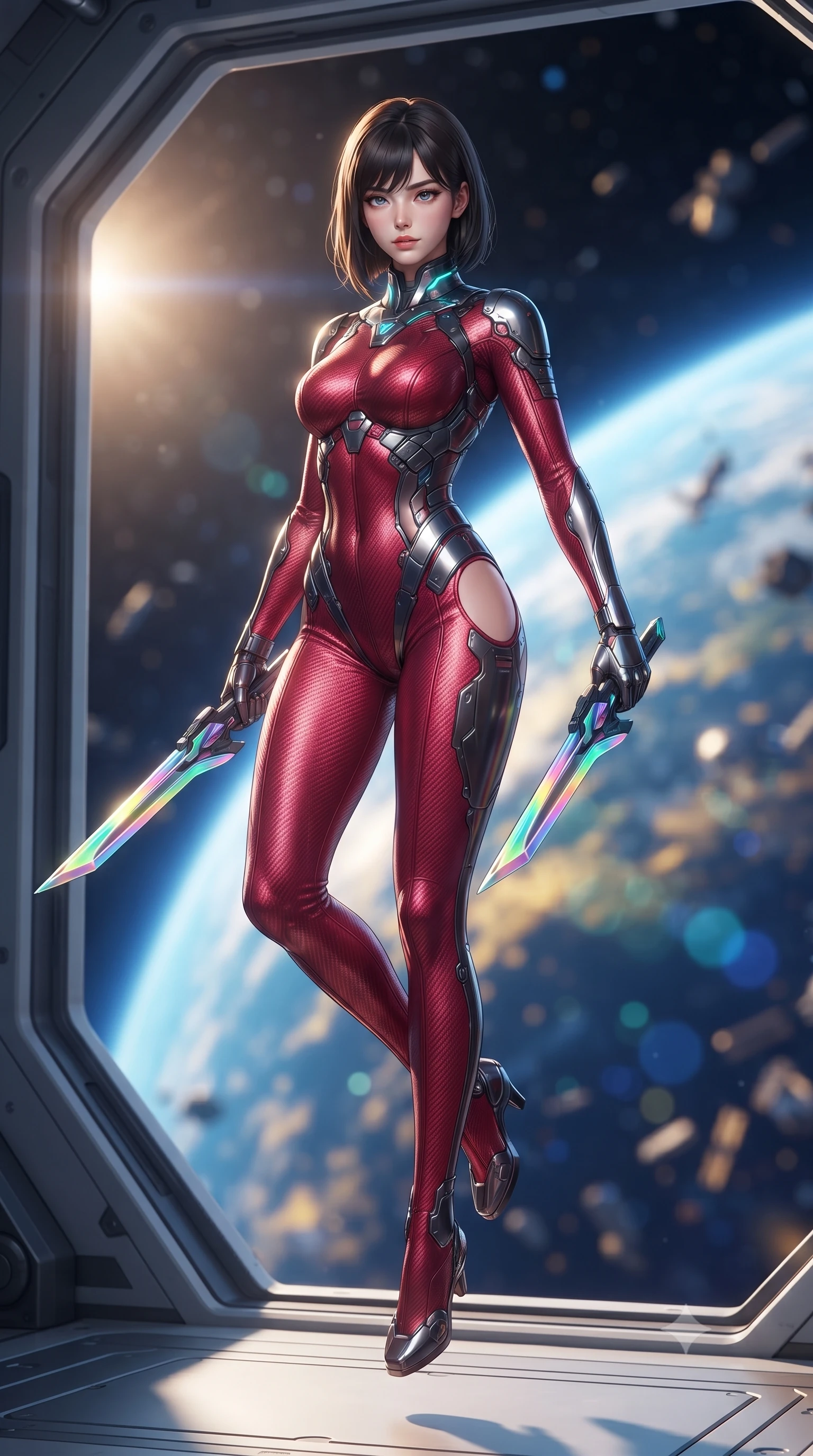 score_9, masterpiece, best quality, ultra-detailed, high-budget anime keyframe, editorial fashion photography, tasteful artistic composition, Korean woman. low angle full-body shot from head to toe showing her feet, filling the entire 9:16 vertical frame with her statuesque presence, stretching her vertical silhouette. performing an alluring mid-air combat landing with flawless poise, looking directly into the camera with regal, deadly intensity while standing poised near the massive open airlock of a zero-gravity orbital hangar while aiming a sleek carbon railgun rifle toward the cosmos. The composition keeps background elements in soft focus with creamy bokeh. glowing blue curvature of planet Earth and floating orbital debris blurred into radiant azure, gold, and indigo bokeh. She has an absolutely perfect, statuesque 8.5-heads proportion, an exceptionally tall and slender model-like female figure with impossibly long slender legs, a toned flat midriff, and an ultra-slim waist. sharp v-shaped jawline, high-bridge nose, intricate jewel-like eyes with depth, thick eyelashes, glossy lips with a natural sheen, flawlessly proportioned anatomical accuracy, strict slender model proportions, natural body alignment, perfectly sculpted long slender limbs, ultra-slim waistline, clean dynamic posture without body distortion. wearing a skin-tight crimson carbon-weave combat leotard with metallic dark chrome plating and hip-accentuating cutouts, holding twin glowing high-frequency vibro-blades with effortless supermodel poise in high-gloss iridescent rainbow carbon with prism holographic sheen, made of lightweight aerodynamic carbon-titanium alloy with polished edge bevels, featuring a sleek aerodynamic collar framed by subtle glowing cybernetic status LEDs, the sleek second-skin cut tightly hugging her graceful clavicle, narrow waist, and feminine curves with athletic precision. bathed in dazzling natural orbital sunlight and rich blue planetary ambient bounce light. ultra-reflective glossy finish, specular highlights, dark metallic sheen, high-contrast stereoscopic depth, volumetric dynamic lighting, 2k, ultra detail, master piece, 9:16 ratio