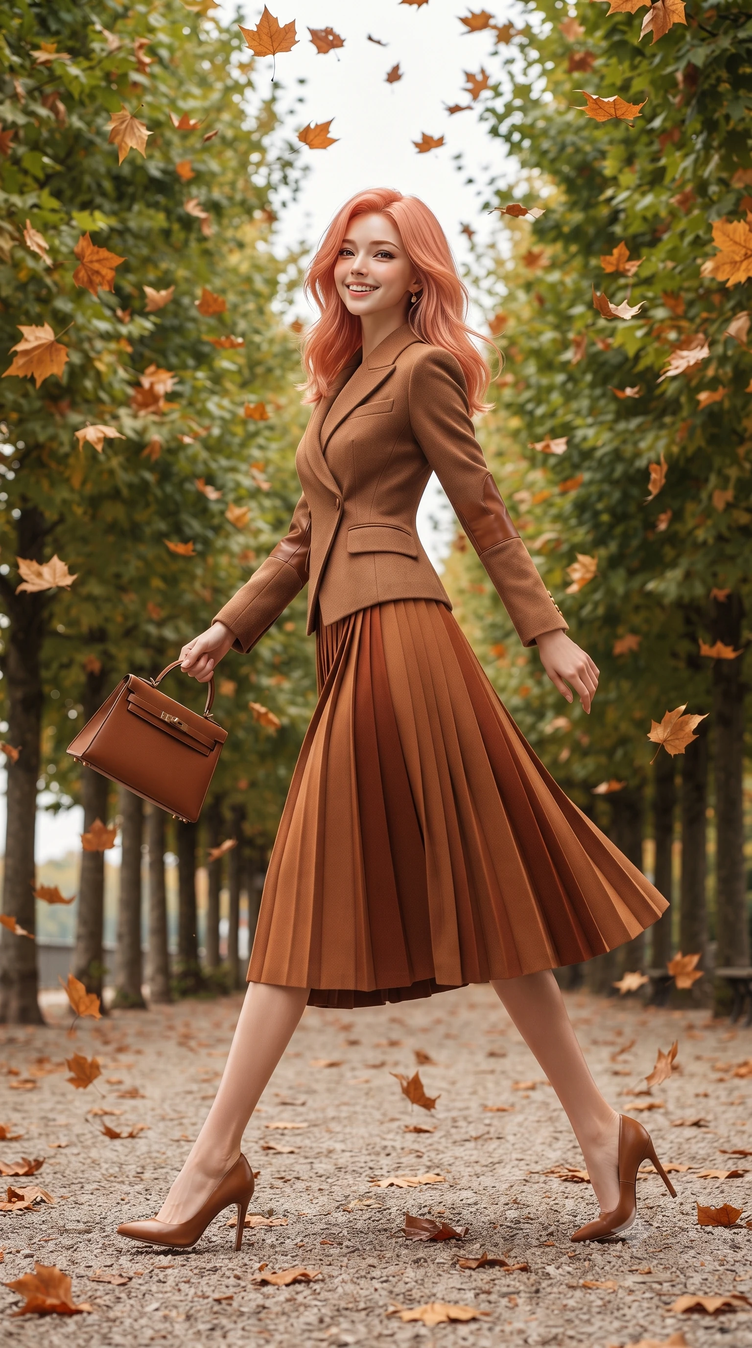 score_9, masterpiece, best quality, ultra-detailed, high-budget anime keyframe, editorial fashion photography, tasteful artistic composition, Japanese woman. low angle full-body shot from head to toe showing her feet, filling the entire 9:16 vertical frame with her statuesque presence, stretching her vertical silhouette. walking briskly with tall supermodel strides, one hand holding her leather bag and the other swinging with energetic charm while strolling along the tree-lined gravel promenade surrounded by falling amber plane tree leaves, looking back with a joyful, beaming smile. The surrounding environment is rendered in vivid detail and crisp panoramic clarity: detailed equestrian wool blazer tailoring, leather elbow patch textures, and natural royal park foliage in high resolution. She has an exceptionally tall and slender model-like 8.5-heads proportion, an ultra-slim waist, a flat toned midriff, narrow delicate ribcage, and beautifully sculpted feminine hips creating a graceful, slim hourglass silhouette without any bulky heaviness, with impossibly long slender legs. sharp v-shaped jawline, high-bridge nose, intricate jewel-like sparkling eyes with depth, thick eyelashes, glossy parted lips with a natural peach sheen, bright cheerful beaming smile with an enchanting and coquettish sensual glint, exuding both youthful cute charm and seductive allure, flawlessly proportioned anatomical accuracy, strict slender model proportions, natural body alignment, perfectly sculpted long slender limbs, ultra-slim waistline, clean dynamic posture without body distortion. wearing an asymmetrical-wrap tailored wool jacket with clean geometric lines paired with a structured pleated maxi skirt in warm winter cinnamon and toasted caramel, tailored from heavyweight double-faced wool with clean architectural edges, finished with a structured leather top-handle mini bag resting gracefully at her side, the streamlined silhouette following her natural slender proportions with sophisticated poise, enhancing her tall willowy presence. illuminated by lake water shimmer fill and rich copper-gold rim lights defining her razor-sharp jawline and tall slender figure. ultra-reflective glossy finish, specular highlights, rich textural contrasts, high-contrast stereoscopic depth, volumetric dynamic lighting, 2k, ultra detail, master piece, 9:16 ratio