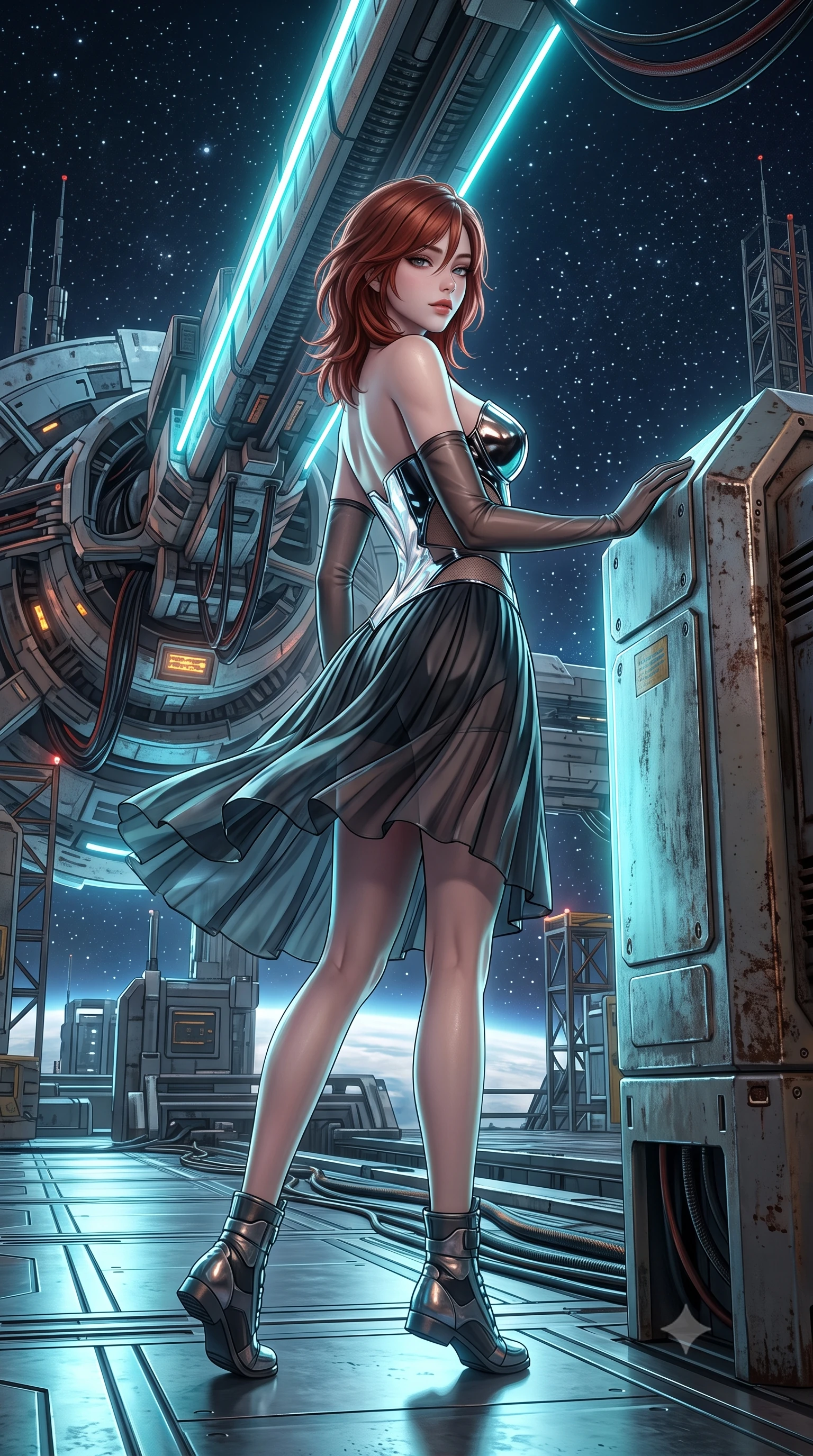 score_9, masterpiece, best quality, ultra-detailed, high-budget anime keyframe, semi-realistic 3D game render, editorial fashion photography, tasteful artistic composition, Korean woman. low angle full-body shot from head to toe showing her feet, filling the entire 9:16 vertical frame with her statuesque presence, stretching her vertical silhouette. executing a slow, graceful pivot turn as her skirt sways around her slender legs, glancing back with an enchanting, teasing sensual expression while leaning against the capacitor bank housing with hips cocked back, gazing down the electromagnetic rail into deep space with smoldering bedroom-eyes. The surrounding environment is rendered in vivid detail and crisp panoramic clarity: detailed anime keyframe lines, rich fabric textures, and monumental space defense weapon architecture in razor-sharp precision. She has an exceptionally tall and slender model-like 8.5-heads proportion, an ultra-slim waist, a flat toned midriff, narrow delicate ribcage, and beautifully sculpted feminine hips creating a graceful, slim hourglass silhouette without any bulky heaviness, with impossibly long slender legs. sharp v-shaped jawline, high-bridge nose, intricate jewel-like sparkling eyes with depth, thick eyelashes, glossy parted lips with a natural peach sheen, bright cheerful beaming smile with an enchanting and coquettish sensual glint, exuding both youthful cute charm and seductive allure, flawlessly proportioned anatomical accuracy, strict slender model proportions, natural body alignment, perfectly sculpted long slender limbs, ultra-slim waistline, clean dynamic posture without body distortion. wearing an alluring plunging sweetheart tactical bodice with sheer mesh side-waist cutouts contouring her ribs in iridescent mother-of-pearl and liquid molten silver, tailored from high-gloss patent leather with mirror-like specular highlights, complemented by sheer opera-length evening gloves tracing her slender arms, the impeccably tailored cut draping gracefully along her slender figure with aristocratic poise. illuminated by titanium deck reflection bounce and sharp electric-cyan rim lights sculpting her jawline, narrow waist, and curvy hips. highly saturated vibrant anime colors, detailed shading with soft gradients, rich glossy textures, high-contrast stereoscopic depth, volumetric dynamic lighting, master piece, 9:16 ratio