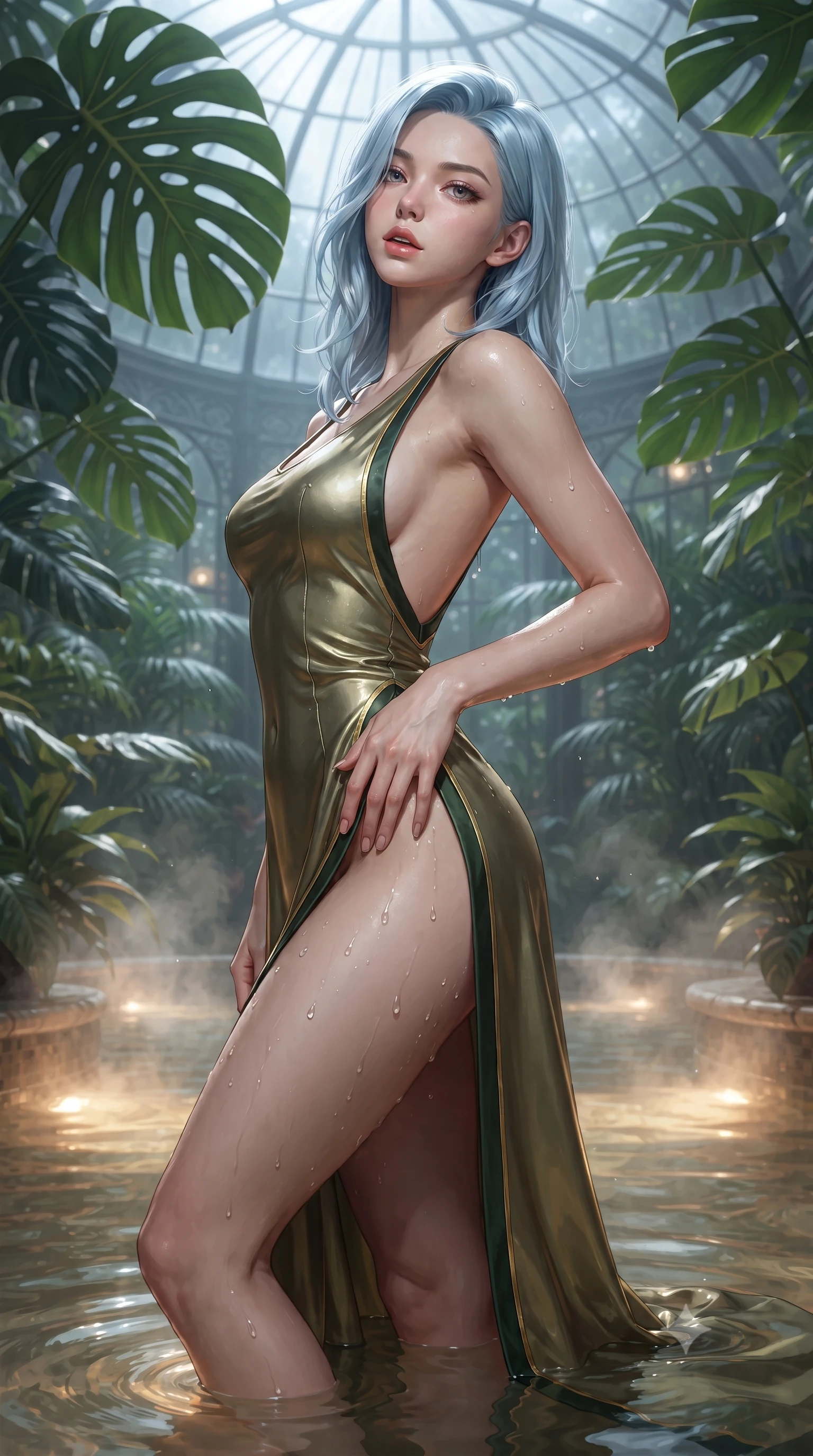 score_9, masterpiece, best quality, ultra-detailed, high-budget anime keyframe, editorial fashion photography, tasteful artistic composition, Korean woman. close-up cowboy shot from the waist and thighs up, the character dominates the composition, filling the frame with her large presence. arching her spine backward with effortless dancer poise, one hand sliding along her hip line as directional light carves specular highlights along her silhouette while wading lightly into the shallow warm botanical pool beneath towering monstera fronds, arching her spine in pure pleasure as water droplets bead on her hips. The composition keeps background elements in soft focus with creamy bokeh. steaming pool water vapors and curved Victorian iron ribs softened in dreamy shallow focus. She has an exceptionally elegant, slender, and willowy female figure with an ultra-slim waist, a gracefully sculpted slender torso, toned flat midriff, and rounded feminine hips creating an alluring hourglass silhouette. sharp v-shaped jawline, high-bridge nose, intricate jewel-like eyes with depth, thick eyelashes, glossy parted lips with a natural sheen, intensely captivating and seductive bedroom-eyes expression, flawlessly proportioned anatomical accuracy, strict slender model proportions, natural body alignment, perfectly sculpted long slender limbs, ultra-slim waistline, clean dynamic posture without body distortion. wearing a liquid metallic olive gown with open side slits ascending to the high hip in dark forest green and liquid gold trim, tailored from crisp structured cotton poplin with organic botanical dye, accented with water droplets glistening on her bare collarbones and hips, the precision-cut side openings and low-back scoop framing her graceful spine and the sensual sweep of her hips. bathed in cool silver moonlight filtering through the glass dome and warm underwater pool uplights. ultra-reflective glossy finish, specular highlights, rich textural contrasts, high-contrast stereoscopic depth, volumetric dynamic lighting, 2k, ultra detail, master piece, 9:16 ratio