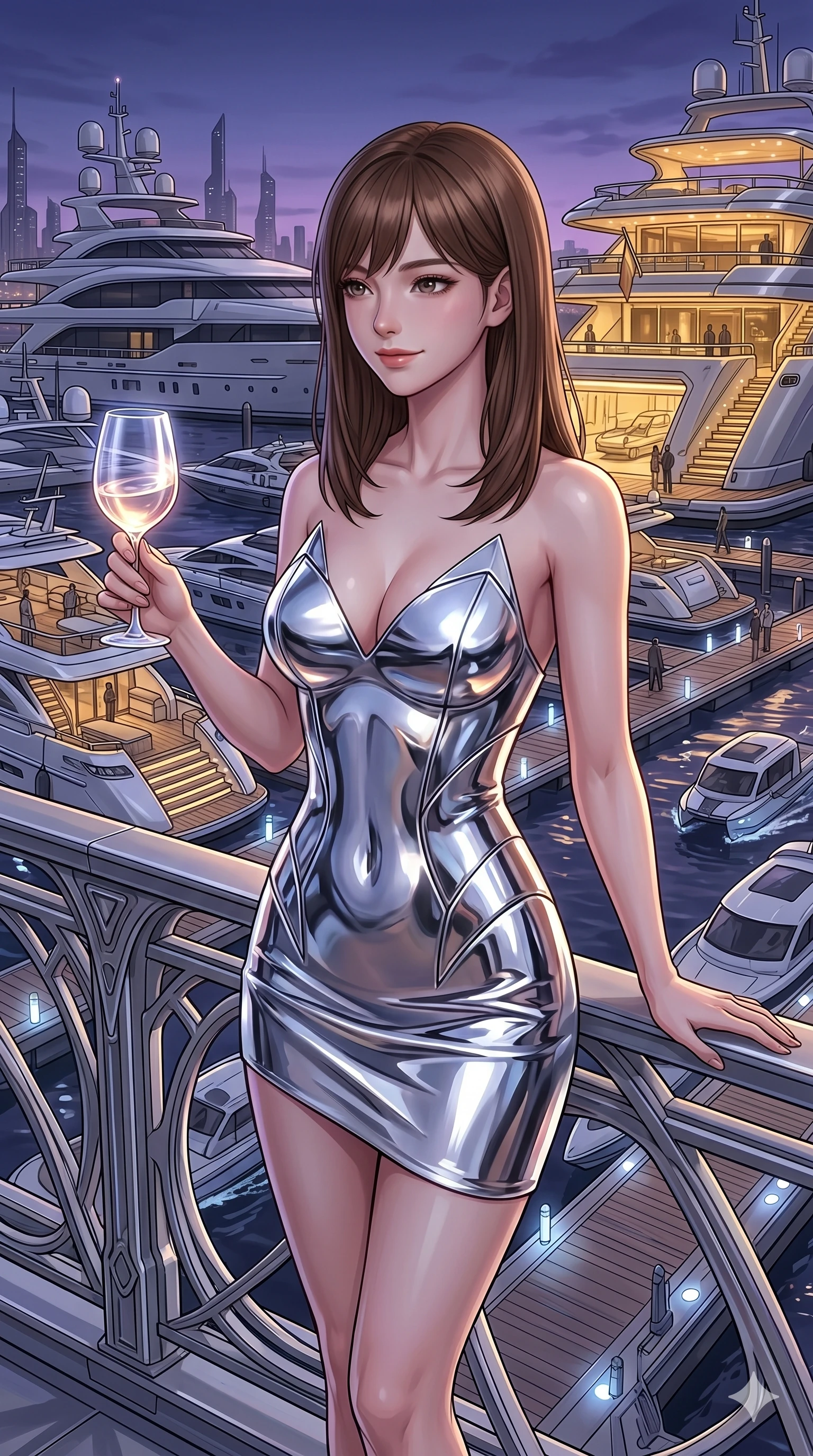 score_9, masterpiece, best quality, ultra-detailed, high-budget anime keyframe, editorial fashion photography, tasteful artistic composition, Korean woman. Upper body close-up from the thighs up, character filling the screen for maximum presence. On a balcony overlooking a futuristic marina, holding a glowing wine glass, looking out at the yachts with a sophisticated smile. She is wearing a high-fashion asymmetrical dress in liquid-chrome finish with a refined V-neckline. The scene is bathed in the warm yellow lights of the marina and cool white deck lights. 2k, ultra detail, master piece, 9:16 ratio
