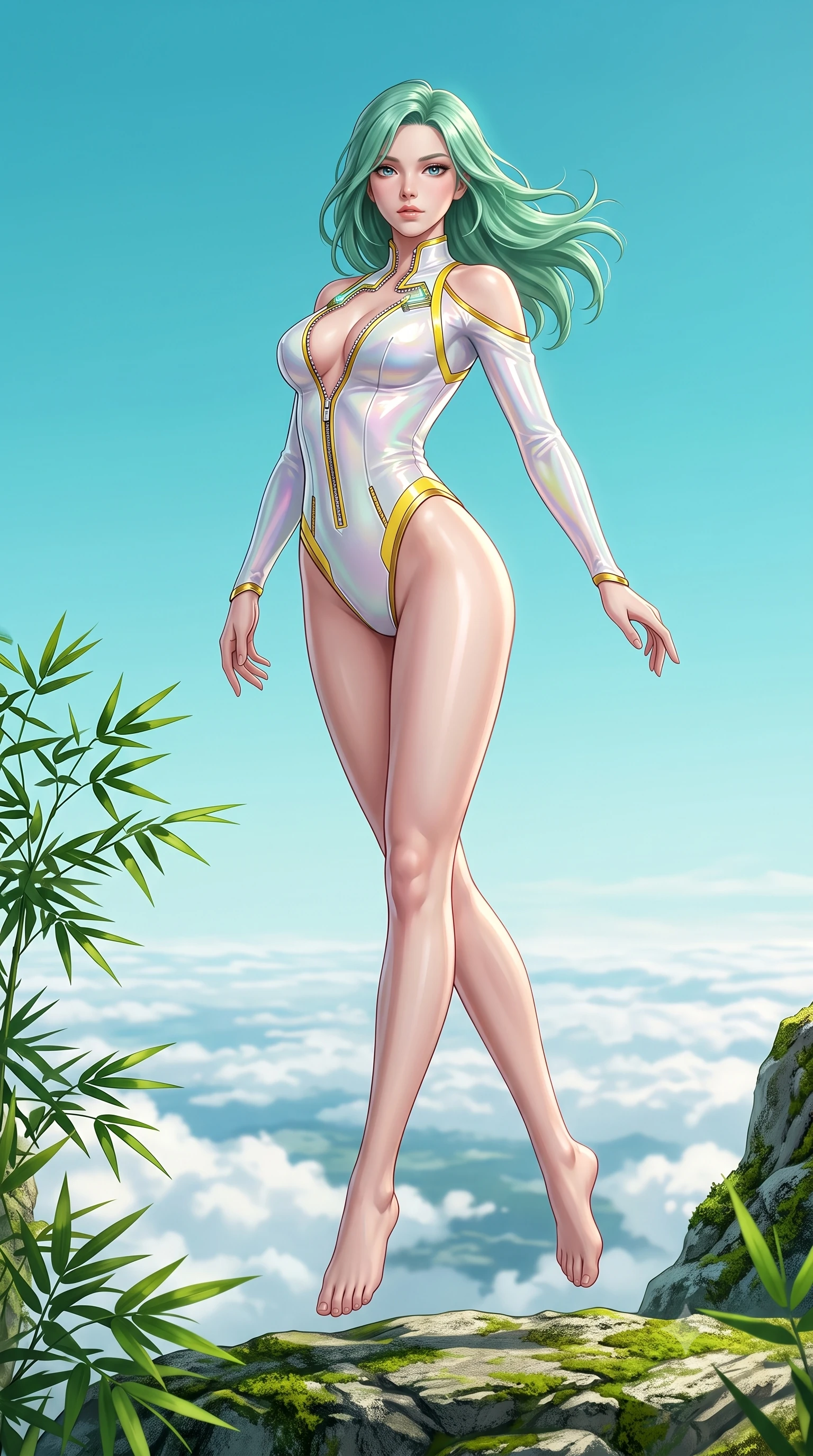 score_9, masterpiece, best quality, ultra-detailed, high-budget anime keyframe, semi-realistic 3D game render, editorial fashion photography, tasteful artistic composition, Japanese woman. low angle full-body shot from head to toe showing her feet, filling the entire 9:16 vertical frame with her statuesque presence, stretching her vertical silhouette. leaping through mid-air with an athletic yet alluring arch of her spine, her impossibly long slender legs stretched in flawless poise while stretching her slender torso in an alluring S-curve on a floating meditation deck under a clear turquoise sky. The surrounding environment is rendered in vivid detail and crisp panoramic clarity. sharp green bamboo leaf tips, mossy rock textures, and panoramic cloud-sea horizon in high resolution. She has an absolutely perfect, statuesque 8.5-heads proportion, an exceptionally tall and slender model-like female figure with impossibly long slender legs, a toned flat midriff, and an ultra-slim waist. sharp v-shaped jawline, high-bridge nose, intricate jewel-like eyes with depth, thick eyelashes, glossy lips with a natural sheen, flawlessly proportioned anatomical accuracy, strict slender model proportions, natural body alignment, perfectly sculpted long slender limbs, ultra-slim waistline, clean dynamic posture without body distortion. wearing a glossy white second-skin latex bodysuit with high-thigh cuts, exposed clavicle neckline, and gleaming zipper details in vibrant sunburst canary yellow and gold trim, made of smooth iridescent silk chiffon that shifts colors with movement, featuring a dangerously unzipped neckline framed by glowing cybernetic accents, the precision-cut daring openings accentuating her delicate midriff, graceful bare collarbones, and ultra-slim feminine waistline. surrounded by a serene, magical, and captivatingly sensual oriental sanctuary aura. highly saturated vibrant anime colors, detailed shading with soft gradients, rich glossy textures, high-contrast stereoscopic depth, volumetric dynamic lighting, master piece, 9:16 ratio