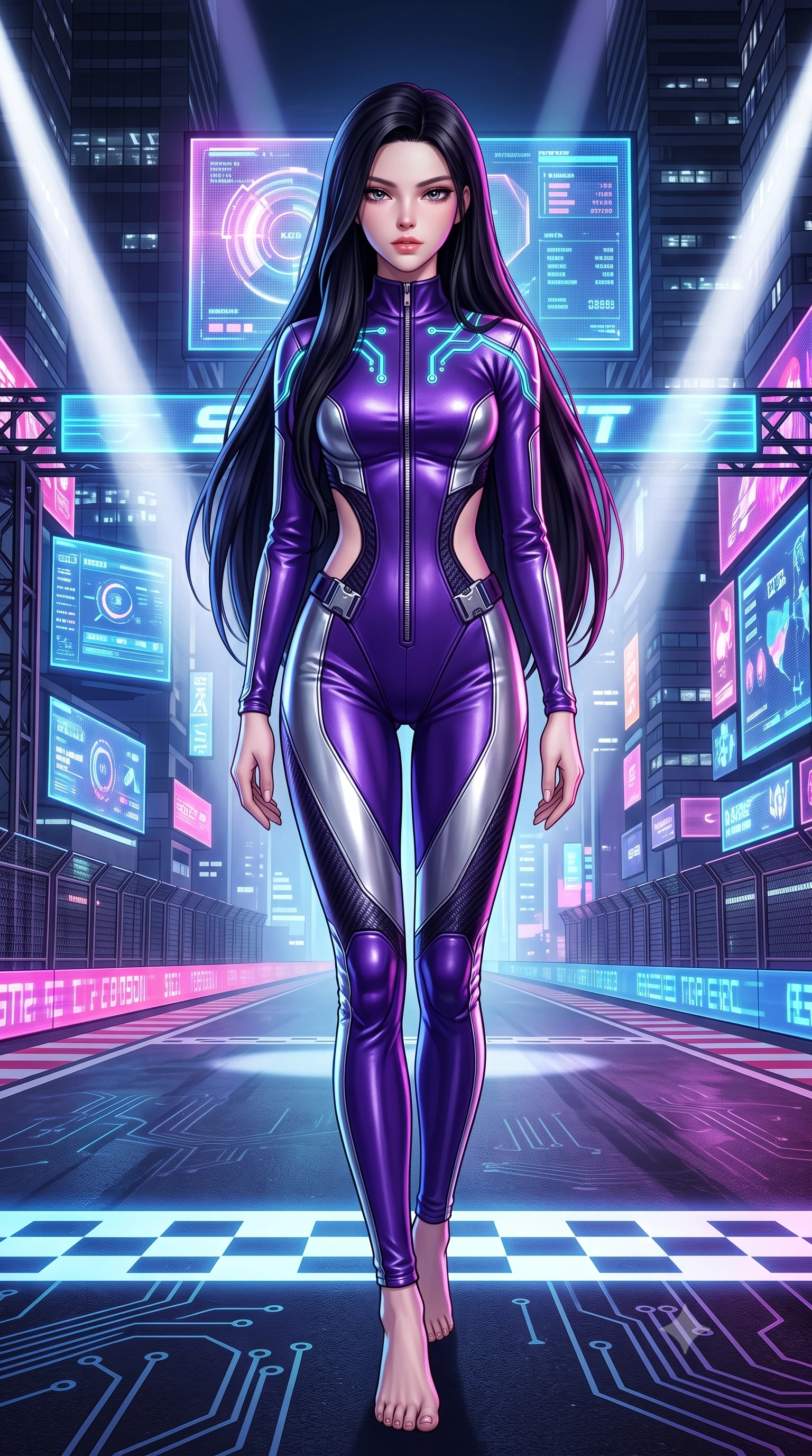 score_9, masterpiece, best quality, ultra-detailed, high-budget anime keyframe, semi-realistic 3D game render, editorial fashion photography, tasteful artistic composition, Korean woman. low angle full-body shot from head to toe showing her feet, filling the entire 9:16 vertical frame with her statuesque presence, stretching her vertical silhouette. striding forward in a proud, dynamic supermodel runway stride, hips swaying in an alluring kinetic rhythm that stretches her silhouette while posing boldly at the center of the illuminated starting grid as giant holographic jumbotrons flash behind her. The surrounding environment is rendered in vivid detail and crisp panoramic clarity. intense neon-noir chiaroscuro and exhilarating urban drift culture aesthetics rendered with precision. She has an absolutely perfect, statuesque 8.5-heads proportion, an exceptionally tall and slender model-like female figure with impossibly long slender legs, a toned flat midriff, and an ultra-slim waist. sharp v-shaped jawline, high-bridge nose, intricate jewel-like eyes with depth, thick eyelashes, glossy parted lips with a natural sheen, intensely captivating and seductive expression, flawlessly proportioned anatomical accuracy, strict slender model proportions, natural body alignment, perfectly sculpted long slender limbs, ultra-slim waistline, clean dynamic posture without body distortion. wearing a high-collar leather speedsuit featuring bold side-torso cutouts and quick-release titanium buckles in toxic ultraviolet purple and chrome silver, formed from ultra-sleek carbon-fiber reinforced composite with specular sheen, finished with glowing cyan circuit lines tracing her collarbones and shoulders, the liquid-tight tailored fabric emphasizing every curve of her tall, slender model proportions and sculptured silhouette. bathed in dynamic color-shifting LED race lights and sweeping white spotlight fill. highly saturated vibrant anime colors, detailed shading with soft gradients, rich glossy textures, high-contrast stereoscopic depth, volumetric dynamic lighting, master piece, 9:16 ratio