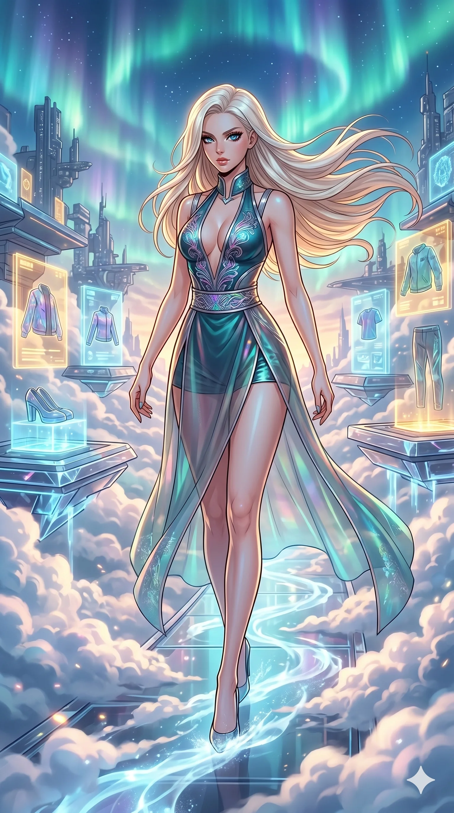 score_9, masterpiece, best quality, ultra-detailed, high-budget anime movie keyframe, cinematic anime lighting, intricate line art, Caucasian (strictly human ears) anime girl. Dynamic full-body shot stretching the vertical silhouette across the 9:16 frame. navigating a sea of clouds in a holographic shopping mall amidst aurora borealis. She has an absolutely perfect 8-heads proportion, an exceptionally tall and slender female figure with an ultra-slim waist and impossibly long slender legs. sharp v-shaped jawline, high-bridge nose, intricate jewel-like eyes, thick eyelashes, glossy lips. Wearing modernized deep-plunging silk hanbok-fusion with metallic straps, a high-slit sheer skirt over micro-shorts, and holographic embroidered patterns. The scene is illuminated by dramatic atmospheric lighting and vibrant color palettes. 2k, ultra detail, master piece, 9:16 ratio