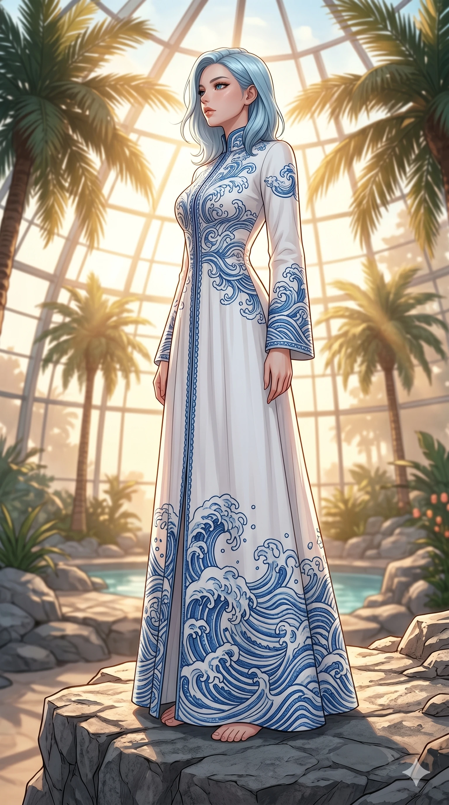 score_9, masterpiece, best quality, ultra-detailed, high-budget anime keyframe, editorial fashion photography, tasteful artistic composition, Korean woman. low angle full-body shot from head to toe showing her feet, filling the entire 9:16 vertical frame with her statuesque presence, stretching her vertical silhouette. standing tall on a rocky overlook, her face turned in profile to catch the wind, with a composed expression inside a bright resort spa with indoor palm trees and warm sunbeams (Code-P19-043). She has an absolutely perfect 8-heads proportion, an exceptionally tall and slender female figure with impossibly long slender legs and an ultra-slim waist. V-shaped jawline, high-bridge nose, intricate jewel-like eyes with depth, thick eyelashes, glossy lips with a natural sheen. wearing a structured high-neck resort robe in white organic cotton with wave embroidery. warm glowing resort light filtering through the glass, outlining her V-shaped jawline. 2k, ultra detail, master piece, 9:16 ratio