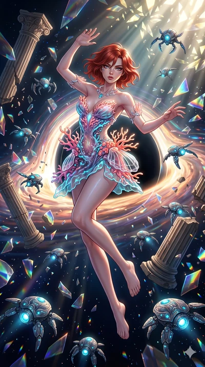 score_9, masterpiece, best quality, ultra-detailed, Set A: High-budget Anime Keyframe, Caucasian (human ears) woman. Upper body close-up from the thighs up, character filling the screen for maximum presence. Theme: Historical Remix. shattering the fa