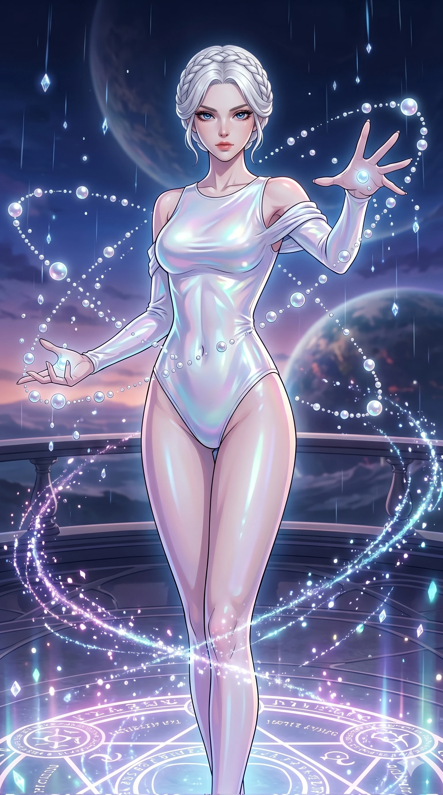score_9, masterpiece, best quality, ultra-detailed, High-budget Anime Keyframe, vibrant colors, fluid line-art, expressive lighting, cinematic composition, Ufotable-style visual effects, top-tier animation quality, Korean woman with idol-like refined features. Medium shot from the thighs up, her commanding presence occupying two-thirds of the frame. Summoning a cascade of liquid pearls that orbit her like tiny, glowing planets. She has an absolutely perfect 8-heads proportion, an exceptionally tall and slender female figure with impossibly long slender legs and an ultra-slim waist, her statuesque height and towering silhouette dominating the vertical 9:16 frame. Her face is a masterpiece featuring a sharp v-shaped jawline, high-bridge nose, intricate jewel-like eyes with depth, thick eyelashes, and glossy lips with a natural sheen. She is wearing a Liquid pearl fabric bodysuit that shimmers with an iridescent sheen, with elegant off-shoulder sleeves. The scene is set in a celestial terrace overlooking a planet where it rains liquid diamonds. 2k, ultra detail, master piece, 9:16 ratio