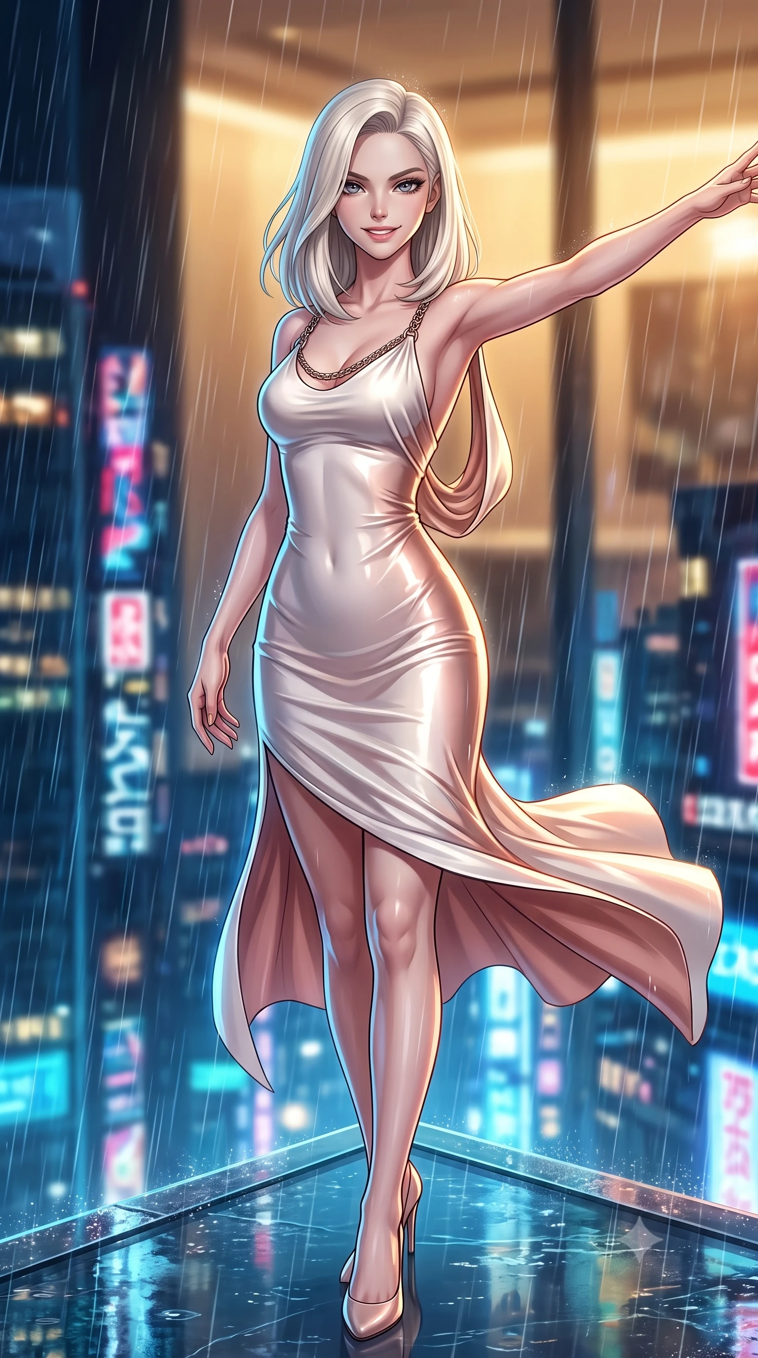 score_9, masterpiece, best quality, ultra-detailed, high-budget anime keyframe, editorial fashion photography, tasteful artistic composition, Caucasian woman. close-up cowboy shot from the waist and thighs up, the character dominates the composition, filling the frame with her large presence, background elements kept in soft focus. Extending one arm in an elegant stretch toward the light while smiling with magnetic self-assurance while standing dynamically on the glass ledge of a 100th-floor rooftop during a neon rainstorm, fluttering lightweight attire catching the high-altitude rainy wind. She has an exceptionally elegant, slender, and willowy female figure with an ultra-slim waist, a gracefully sculpted slender torso, and a refined silhouette. sharp v-shaped jawline, high-bridge nose, intricate jewel-like eyes with depth, thick eyelashes, glossy lips with a natural sheen, flawlessly proportioned anatomical accuracy, natural body alignment, perfectly sculpted elegant limbs, clean dynamic posture without body distortion. wearing a precision-fitted liquid jersey bodycon dress with a graceful draped back in pearl white and rose gold, crafted from smooth liquid silk, adorned with delicate metallic chain straps along the neckline, the form-contouring material highlighting her ultra-slim waist and long lines. illuminated by warm indoor golden light and cool rainy blue neon rim light. highly saturated vibrant anime colors, detailed shading with soft gradients, rich glossy textures, high-contrast stereoscopic depth, volumetric dynamic lighting, master piece, 9:16 ratio