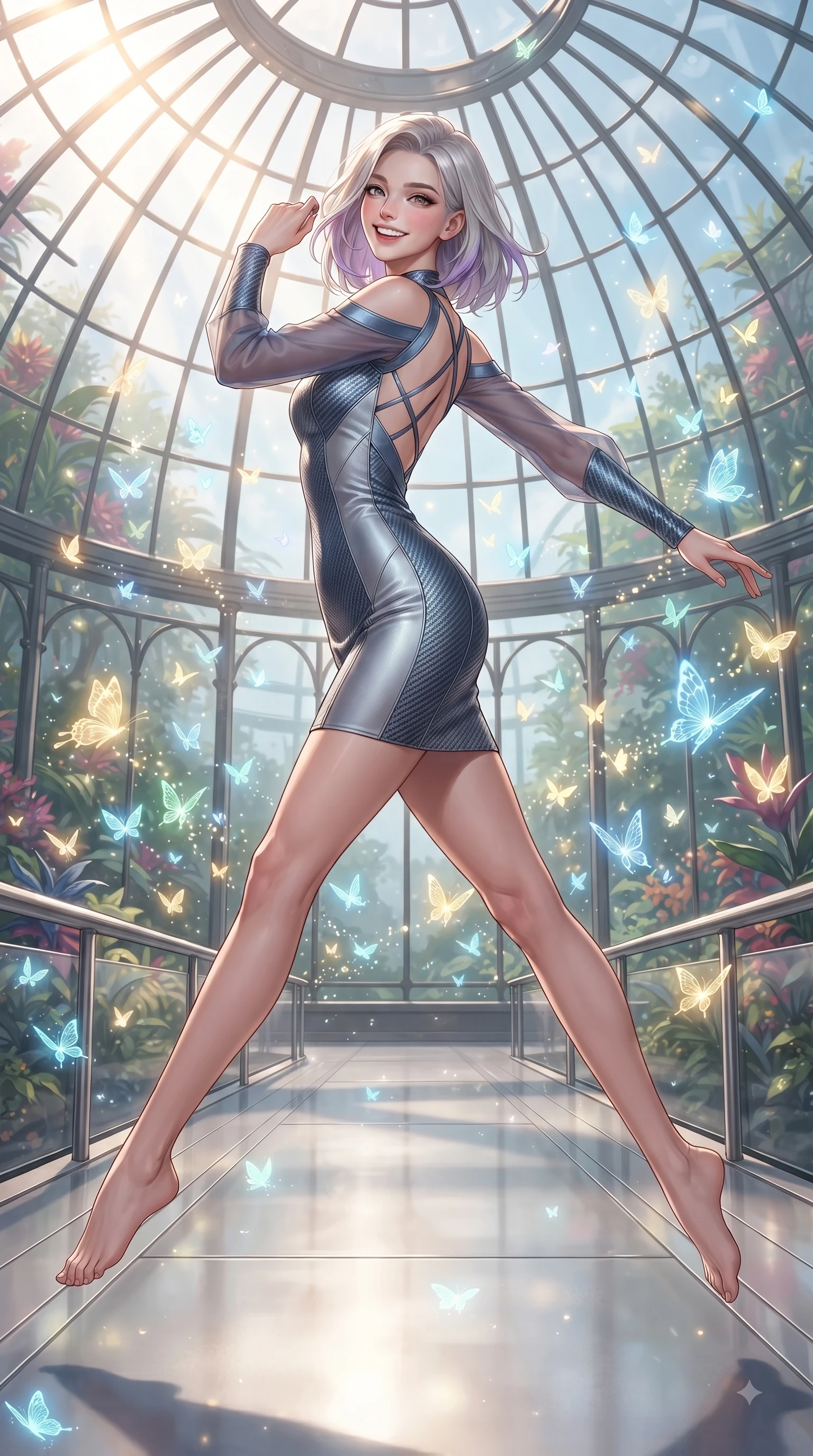 score_9, masterpiece, best quality, ultra-detailed, high-budget anime keyframe, editorial fashion photography, tasteful artistic composition, Caucasian woman. low angle full-body shot from head to toe showing her feet, filling the entire 9:16 vertical frame with her statuesque presence, stretching her vertical silhouette. leaping with pure joy through mid-air with a radiant bright smile, her impossibly long slender legs stretched in perfect balance while leaping playfully across a platinum walkway in a sunlit glass dome filled with glowing butterflies, hundreds of bioluminescent glass butterflies fluttering around her in cheerful light trails. She has an absolutely perfect, statuesque 8.5-heads proportion, an exceptionally tall and slender model-like female figure with impossibly long slender legs and an ultra-slim waist. sharp v-shaped jawline, high-bridge nose, intricate jewel-like eyes with depth, thick eyelashes, glossy lips with a natural sheen, flawlessly proportioned anatomical accuracy, natural body alignment, perfectly sculpted elegant limbs, clean dynamic posture without body distortion. wearing a sleek bodycon knit dress with strategic sheer organza sleeve panels in slate blue and metallic silver, made of fine carbon-fiber weave and soft matte leather, complemented by criss-cross back straps highlighting her bare shoulders, the glove-like fit emphasizing her statuesque silhouette during motion. illuminated by brilliant sunbeams casting cheerful organic leaf stencil shadows. ultra-reflective glossy finish, specular highlights, metallic sheen, high-contrast stereoscopic depth, volumetric dynamic lighting, 2k, ultra detail, master piece, 9:16 ratio