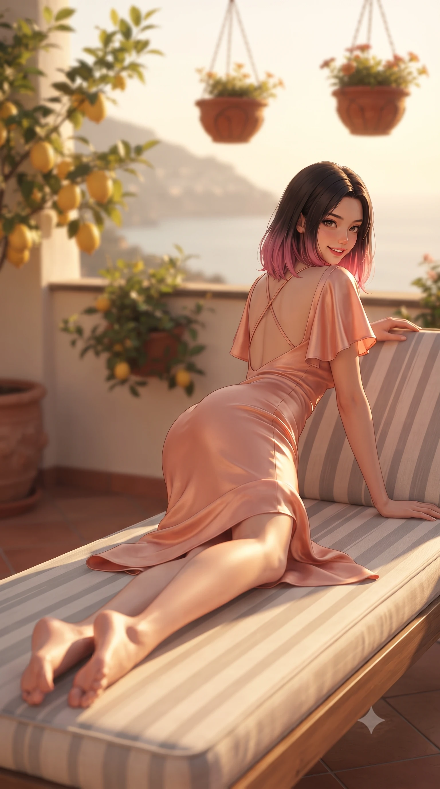 score_9, masterpiece, best quality, ultra-detailed, high-budget anime keyframe, editorial fashion photography, tasteful artistic composition, Korean woman. low angle full-body shot from head to toe showing her feet, filling the entire 9:16 vertical frame with her statuesque presence, stretching her vertical silhouette. posing with back turned slightly to the lens, glancing back with an enchanting, playful smile as she arches her lower back to emphasize her sculpted feminine hips and slender waist while lounging languidly across a striped linen sunbed propped on one elbow, her toned midriff and long slender legs glowing in warm Mediterranean amber light. The composition keeps background elements in soft focus with dreamy creamy bokeh. fragrant lemon branches and hanging terracotta flower planters softened in dreamy Italian coastal shallow focus. She has an exceptionally tall and slender model-like 8.5-heads proportion, an ultra-slim waist, a flat toned midriff, narrow delicate ribcage, and beautifully sculpted feminine hips creating a graceful, slim hourglass silhouette without any bulky heaviness, with impossibly long slender legs. sharp v-shaped jawline, high-bridge nose, sparkling amber-hazel eyes with depth, long lush eyelashes, glossy sun-kissed lips with a warm coral glaze, radiant teasing smile with sensual sunlit bedroom-eyes, exuding effortless old-money elegance and intoxicating sun-drenched allure, flawlessly proportioned anatomical accuracy, strict slender model proportions, natural body alignment, perfectly sculpted long slender limbs, ultra-slim waistline, clean dynamic posture without body distortion. wearing a breezy cowl-neck peach silk satin sundress with criss-cross back straps and hip-accentuating silhouette in soft dusty rose and molten copper shimmer, tailored from crisp cotton poplin with clean structural architectural lines, featuring elegant flutter sleeves and a graceful square neckline, the precision-cut side openings and low-back scoop framing her graceful spine and the sensual sweep of her slim, sun-kissed hips. bathed in glorious golden hour Mediterranean sunlight cascading horizontally across the terrace. ultra-reflective glossy finish, specular highlights, rich textural contrasts, high-contrast stereoscopic depth, volumetric dynamic lighting, 2k, ultra detail, master piece, 9:16 ratio