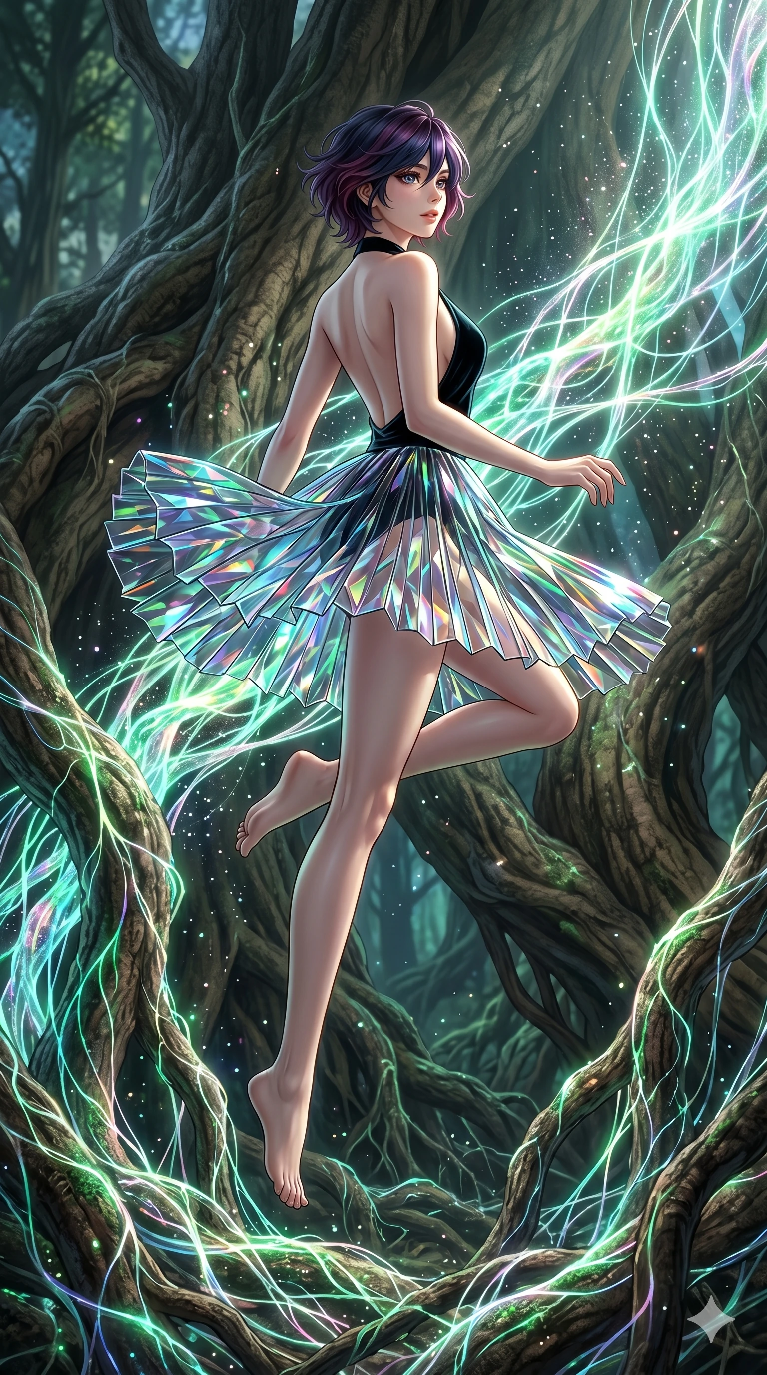 score_9, masterpiece, best quality, ultra-detailed, high-budget anime keyframe, Korean woman. low angle full-body shot filling the entire 9:16 frame with her statuesque presence, stretching the vertical silhouette. jumping amidst giant ancient tree roots wrapped in trillions of glowing mycelium threads pulsing with emerald and opal light. She has an absolutely perfect 8-heads proportion, an exceptionally tall and slender female figure with impossibly long slender legs and an ultra-slim waist. V-shaped jawline, high-bridge nose, intricate jewel-like eyes with depth, thick eyelashes, glossy lips with a natural sheen.. wearing a fractal glass pleated skirt and a backless black velvet halter neck top, creating a dramatic and elegant silhouette. illuminated by dramatic chiaroscuro casting soft shadows along her curves, with vibrant backlighting highlighting the dust particles. 2k, ultra detail, master piece, 9:16 ratio