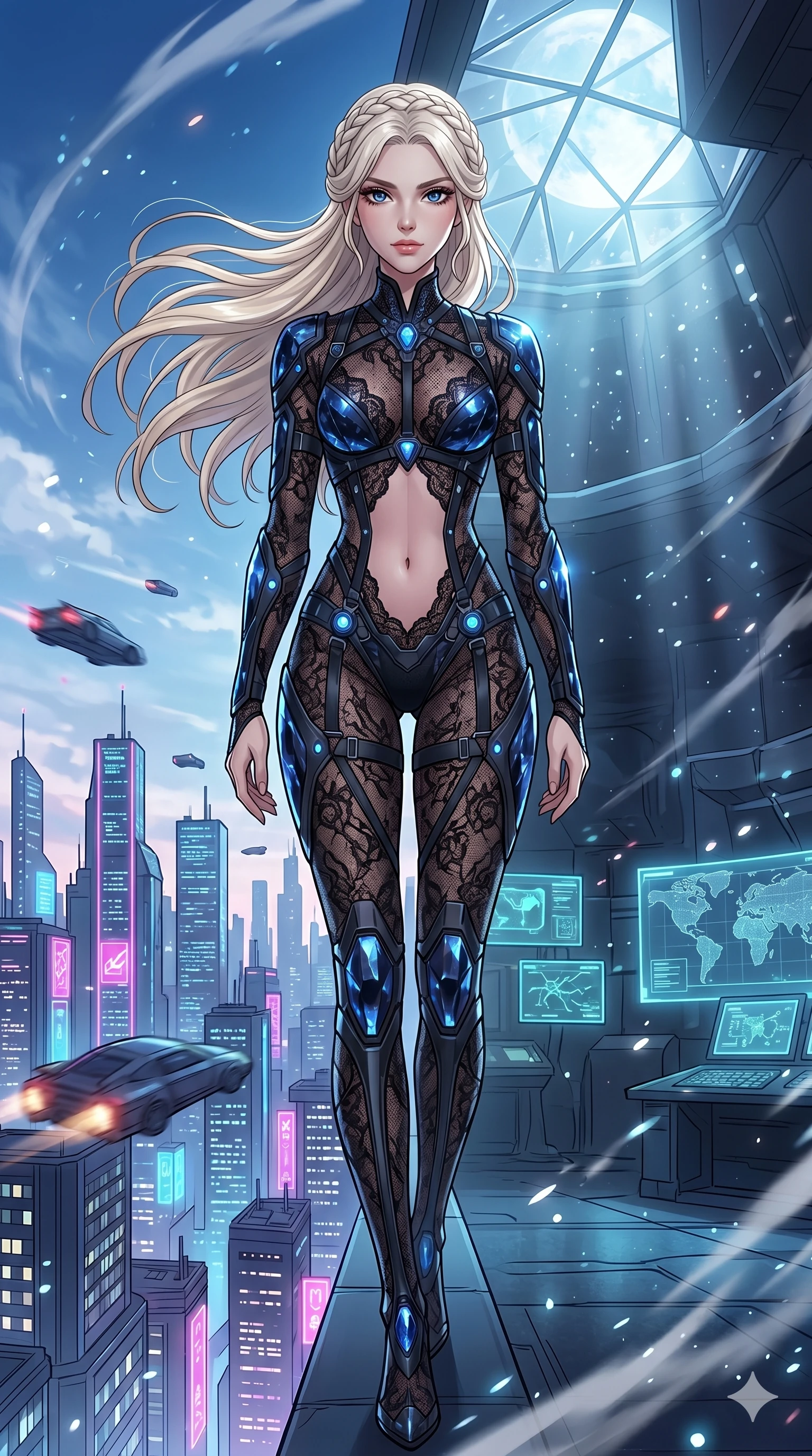 score_9, masterpiece, best quality, ultra-detailed, High-budget Anime Keyframe, vibrant colors, fluid line-art, expressive lighting, cinematic composition, Ufotable-style visual effects, top-tier animation quality, Caucasian woman with pale skin, blonde hair, and (strictly human ears). Dramatic low angle looking up at her majestic stature, dominating the vertical space of the composition. Standing atop a dizzying skyscraper overlooking a vast megalopolis of neon towers and flying vehicles, the wind whipping through her hair. She has an absolutely perfect 8-heads proportion, an exceptionally tall and slender female figure with impossibly long slender legs and an ultra-slim waist, her statuesque height and towering silhouette dominating the vertical 9:16 frame. Her face is a masterpiece featuring a sharp v-shaped jawline, high-bridge nose, intricate jewel-like eyes with depth, thick eyelashes, and glossy lips with a natural sheen. She is wearing a Sheer lace catsuit with strategically placed armor plating and glowing energy nodes crafted from Obsidian-glass scales that shimmer with a dark, crystalline brilliance, with an exposed midriff and a complex harness system that draws the eye. The scene is set in an underground rebel bunker with flickering holographic screens and tactical maps, illuminated by ethereal moonlight filtering through a crystalline canopy, creating soft highlights. 2k, ultra detail, master piece, 9:16 ratio