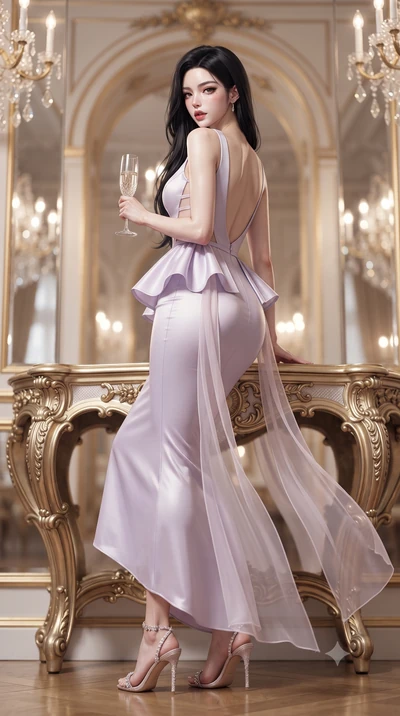 score_9, masterpiece, best quality, ultra-detailed, high-budget anime keyframe, editorial fashion photography, tasteful artistic composition, Korean woman. low angle full-body shot from head to toe showing her feet, filling the entire 9:16 vertical f