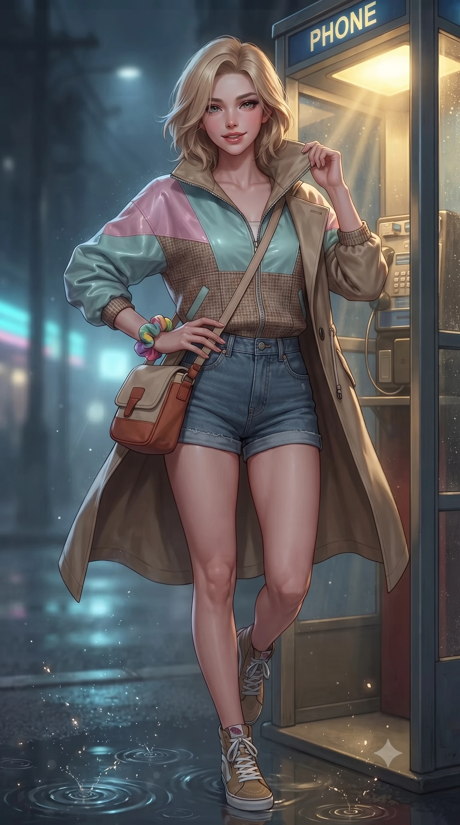score_9, masterpiece, best quality, ultra-detailed, high-budget anime keyframe, editorial fashion photography, tasteful artistic composition, Caucasian woman. close-up cowboy shot from the waist and thighs up, the character dominates the composition, filling the frame with her large presence. smiling with subtle, enchanting allure and glossy parted lips, one hand resting on her waist with effortless supermodel poise while stepping out of the retro phone booth into the misty night street, pulling her trench coat collar up with effortless cool. The composition keeps background elements in soft focus with creamy bokeh. refracted telephone booth light rays and splashing puddle ripples scattering shimmering light motes. She has an exceptionally elegant, slender, and willowy female figure with an ultra-slim waist, a gracefully sculpted slender torso, toned flat midriff, and a refined slim silhouette. sharp v-shaped jawline, high-bridge nose, intricate jewel-like eyes with depth, thick eyelashes, glossy lips with a natural sheen, captivating and magnetic expression, flawlessly proportioned anatomical accuracy, strict slender model proportions, natural body alignment, perfectly sculpted long slender limbs, ultra-slim waistline, clean dynamic posture without body distortion. wearing a retro pastel colorblock windbreaker paired with high-waisted denim shorts and a canvas crossbody bag in warm terracotta and oatmeal beige, tailored from fine British wool tweed and comfortable stretch cotton, accessorized with a colorful scrunchie on her wrist and classic retro high-top sneakers, the sleek tailored cut tightly hugging her graceful clavicle, narrow waist, and feminine curves with statuesque precision. bathed in cozy yellow interior phone booth lamp light contrasting with cool neon street reflections outside. ultra-reflective glossy finish, specular highlights, rich textural contrasts, high-contrast stereoscopic depth, volumetric dynamic lighting, 2k, ultra detail, master piece, 9:16 ratio