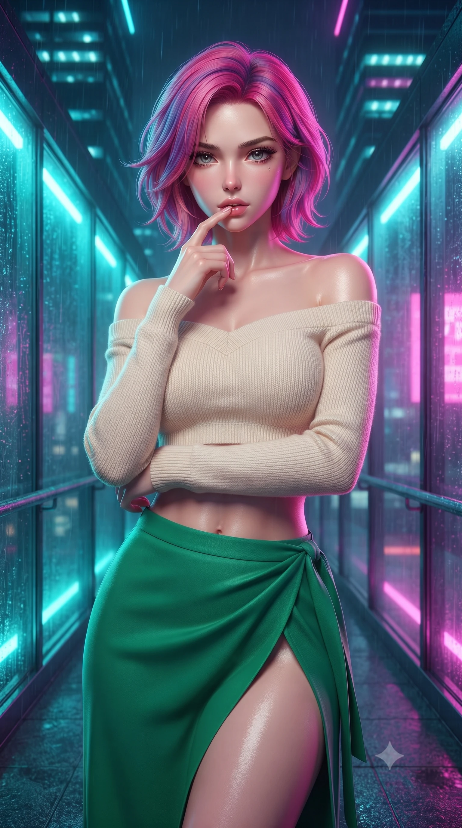 score_9, masterpiece, best quality, ultra-detailed, high-budget anime keyframe, editorial fashion photography, tasteful artistic composition, Caucasian woman. close-up cowboy shot from the waist and thighs up, the character dominates the composition, filling the frame with her large presence, background elements kept in soft focus. pressing one finger to her bottom lip in a thoughtful, seductive gesture under the warm sun the background shows a soft-focus a rain-slicked glass skybridge extending between two neon-lit skyscrapers at midnight. She has an exceptionally elegant, slender, and willowy female figure with an ultra-slim waist, a gracefully sculpted slender torso, and a refined silhouette. sharp v-shaped jawline, high-bridge nose, intricate jewel-like eyes with depth, thick eyelashes, glossy lips with a natural sheen. wearing a tailored cropped off-shoulder knit top in cream paired with a high-slit wrap skirt in emerald green. vibrant cyan and magenta neon rim lights refracting through wet glass panels. highly saturated vibrant anime colors, detailed shading with soft gradients, rich glossy textures, high-contrast stereoscopic depth, volumetric dynamic lighting, master piece, 9:16 ratio