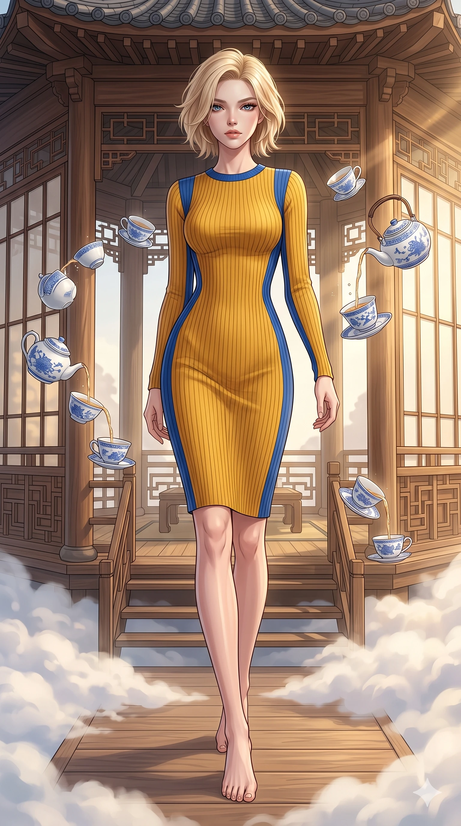 score_9, masterpiece, best quality, ultra-detailed, high-budget anime keyframe, editorial fashion photography, tasteful artistic composition, Caucasian woman, strictly human ears. low angle full-body shot from head to toe showing her feet, filling the entire 9:16 vertical frame with her statuesque presence, stretching her vertical silhouette. threading her way through a traditional wooden tea pavilion hovering serenely on wisps of cloud with delicate blue-and-white porcelain teacups saucers and kettles orbiting gracefully in slow circles pouring themselves. She has a statuesque 8.5-heads proportion, an exceptionally tall, slender and willowy model-like build with impossibly long legs and a highly sculpted ultra-slim waist. sharp v-shaped jawline, high-bridge nose, intricate jewel-like eyes with depth, thick eyelashes, glossy lips with a natural sheen. wearing a body-hugging ribbed knit dress in a striking mustard yellow and royal blue colorway, sculpting her slender proportions with sophisticated restraint. soft warm afternoon light filtering through rice paper screens with golden sunbeams catching the glaze of the floating porcelain creating gentle ceramic reflections. 2k, ultra detail, master piece, 9:16 ratio