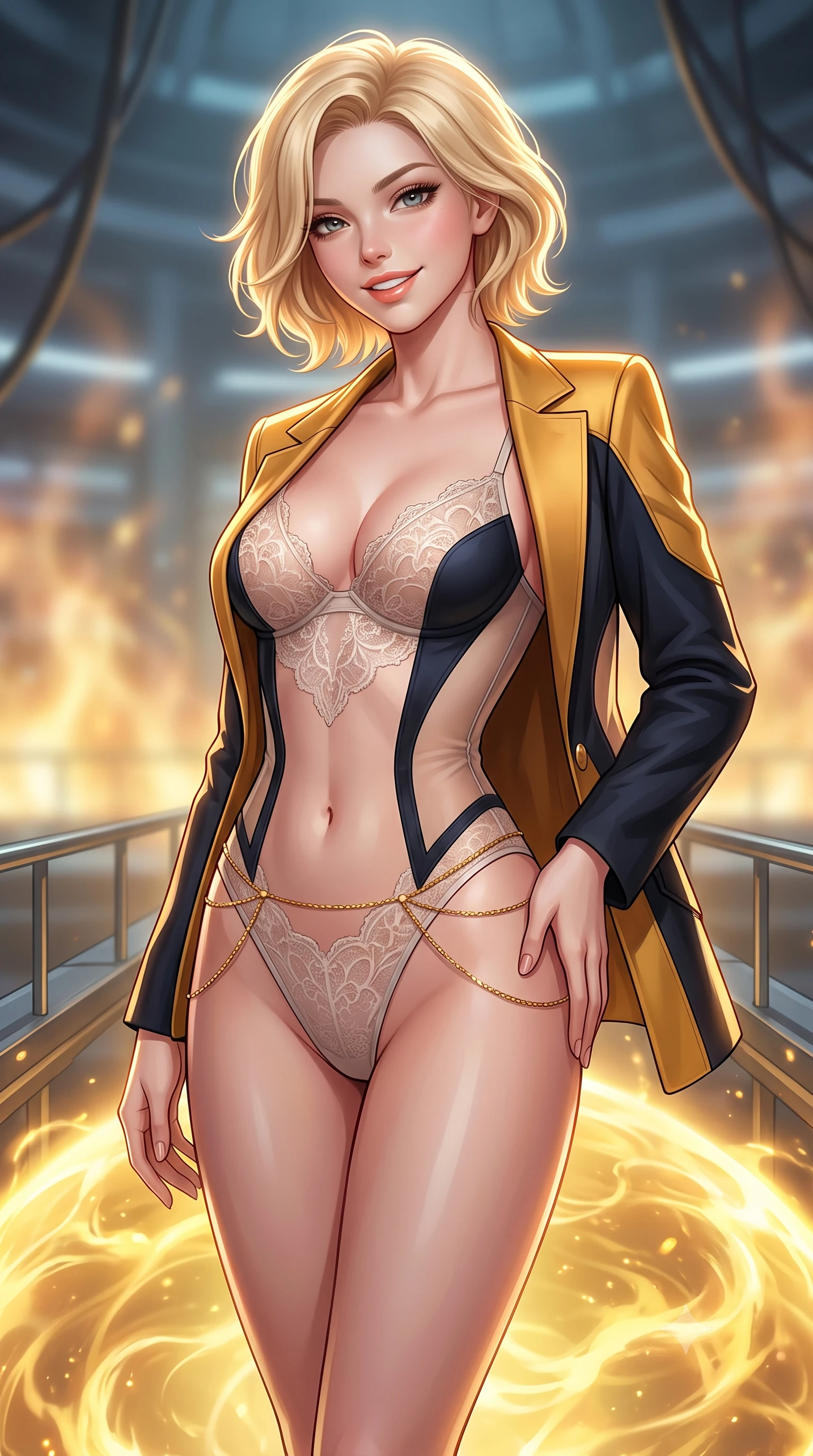 score_9, masterpiece, best quality, ultra-detailed, high-budget anime keyframe, semi-realistic 3D game render, editorial fashion photography, tasteful artistic composition, Caucasian woman. close-up cowboy shot from the waist and thighs up, the character dominates the composition, filling the frame with her large presence. tilting her head with a teasing half-smile, running one hand slowly down the side of her hip in a flirtatious S-curve as ambient light caresses her silhouette while standing poised on the suspended magnetic bridge over the swirling sphere of golden magnetic plasma, arching her spine with breathtaking anime heroine allure. The background shows a soft-focus plasma heat haze softened in futuristic quantum fusion facility shallow focus. She has an exceptionally elegant, slender, and willowy female figure with an ultra-slim waist, flat toned midriff, narrow ribcage, and sculpted feminine hips creating an alluring, slim hourglass silhouette without bulk. sharp v-shaped jawline, high-bridge nose, intricate jewel-like sparkling eyes with depth, thick eyelashes, glossy parted lips with a natural peach sheen, bright cheerful beaming smile with an enchanting and coquettish sensual glint, exuding both youthful cute charm and seductive allure, flawlessly proportioned anatomical accuracy, strict slender model proportions, natural body alignment, perfectly sculpted long slender limbs, ultra-slim waistline, clean dynamic posture without body distortion. wearing a delicate sheer French Chantilly lace teddy layered under an open tailored tactical combat blazer draped over bare shoulders in solar-wind gold and deep space void black, featuring strategic sheer-illusion tulle side panels framing her ribcage and hips, accented with a dainty gold belly chain resting across her flat midriff and curving hips, the glove-like clinging cut tightly following the natural contour of her hips and long slender legs with youthful 8.5-heads elegance. illuminated by gantry reflection bounce and sharp sunburst-gold rim lights defining her jawline, narrow waist, and curvy hips. highly saturated vibrant anime colors, detailed shading with soft gradients, rich glossy textures, high-contrast stereoscopic depth, volumetric dynamic lighting, master piece, 9:16 ratio